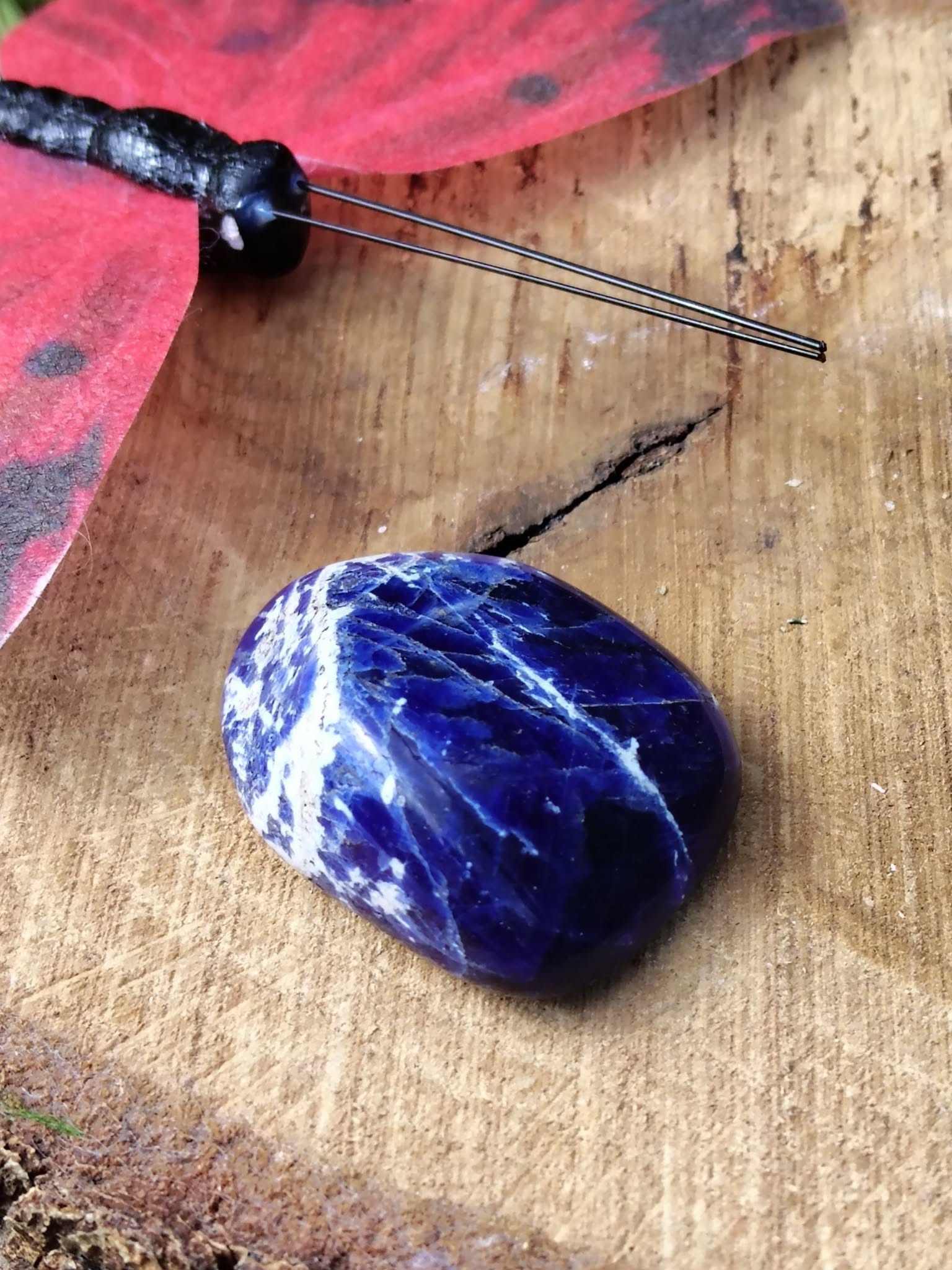 Pierre roulée de sodalite bleu nuit veinée de blanc sur bois naturel avec plume et décor sombre, galet poli évoquant la profondeur intérieure, la parole fluide et le calme du mental.