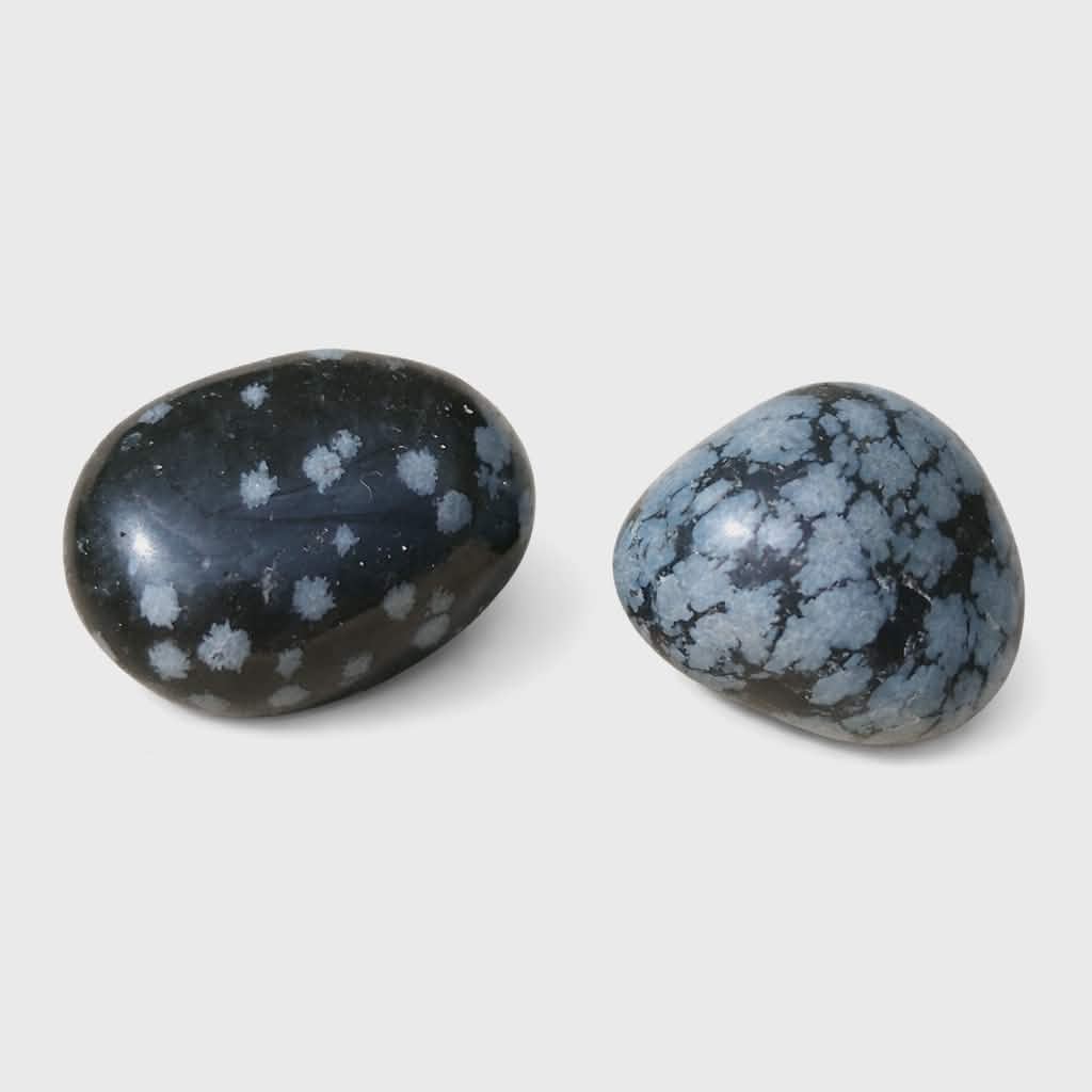 Deux pierres roulées d’obsidienne neige noir profond moucheté blanc et noir-gris marbré sur fond blanc, pierres naturelles reliées au recentrage, à la protection et à l’équilibre émotionnel.