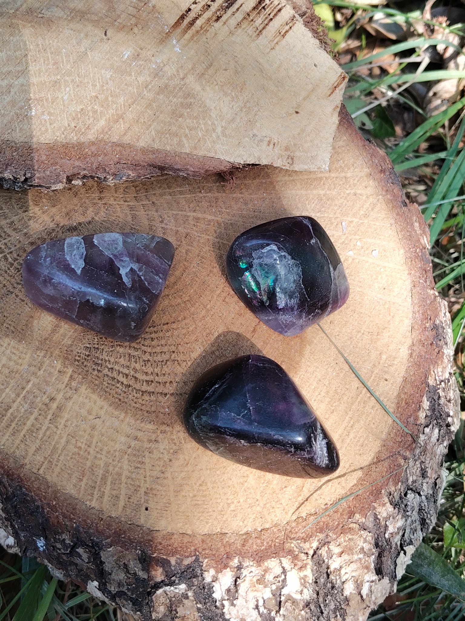 Fluorite multicolore pierre polie, reflets bleu-vert et violet, énergie apaisante, décor naturel.