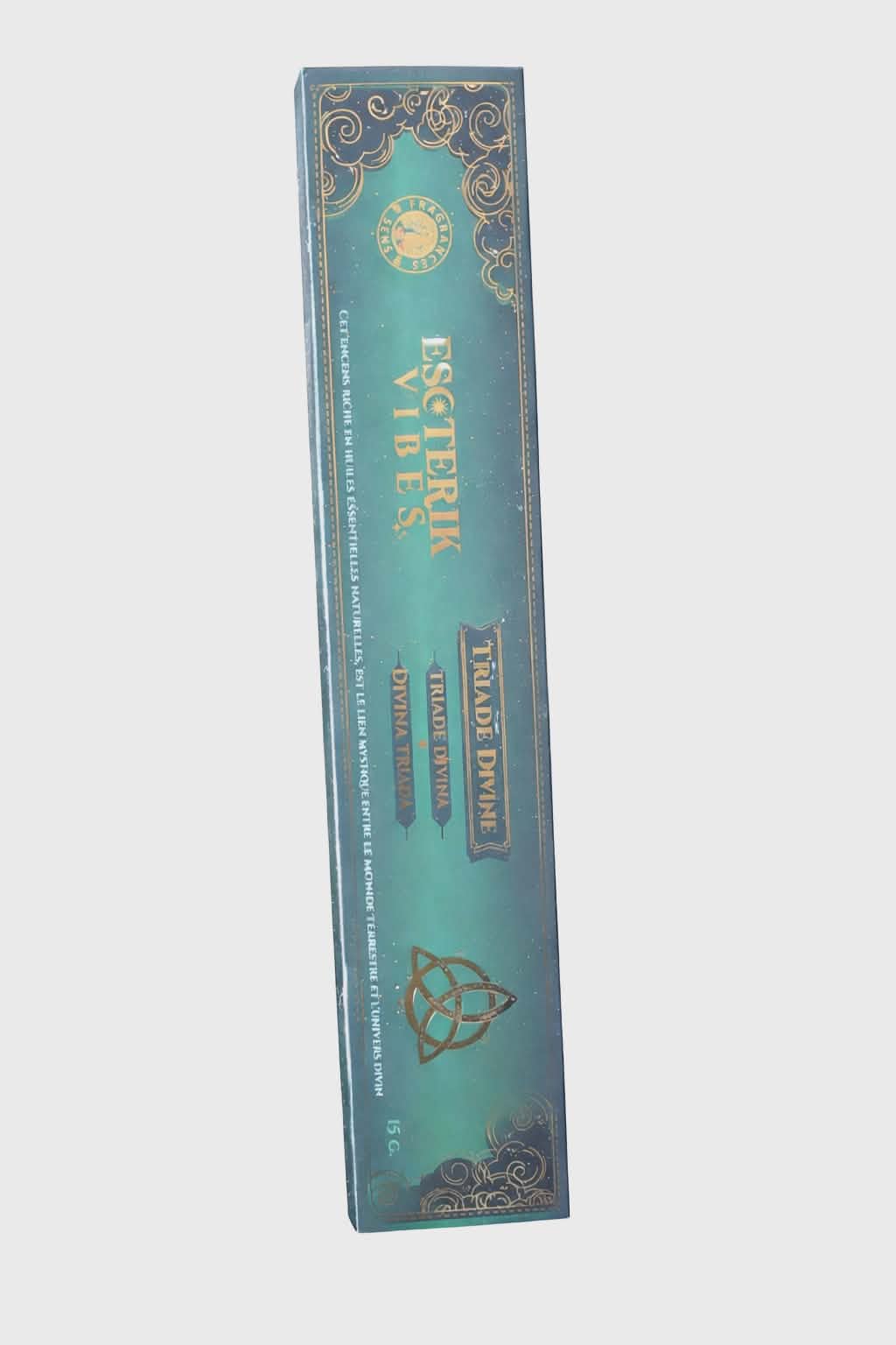 Encens Esoteric Vibes (boîte verte) avec symbole triquetra, visuel sur fond blanc; évoque protection symbolique, clarté et sérénité.