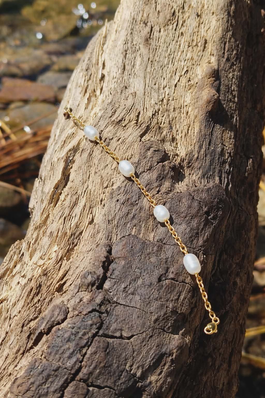 Bracelet chaîne dorée et nacre sur bois brut au bord de l’eau, éclat naturel, fluidité et style épuré