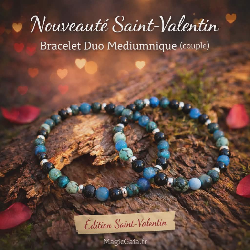 Bracelet Duo médiumnique en perles bleu-vert et noires, intercalaires argentés, sur écorce moussue avec cœurs flous. saint valentin