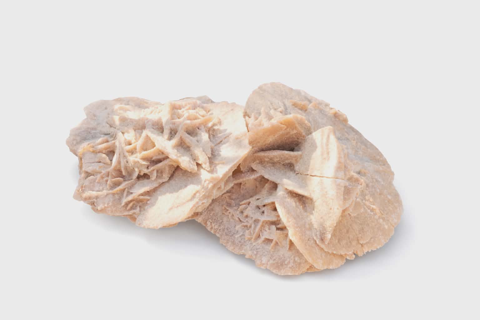 Rose des sables beige (gypse) grande sur fond blanc, double formation en rosettes cristallines, relief en lamelles et ombre douce; symbolique : centrage, clarté, protection.