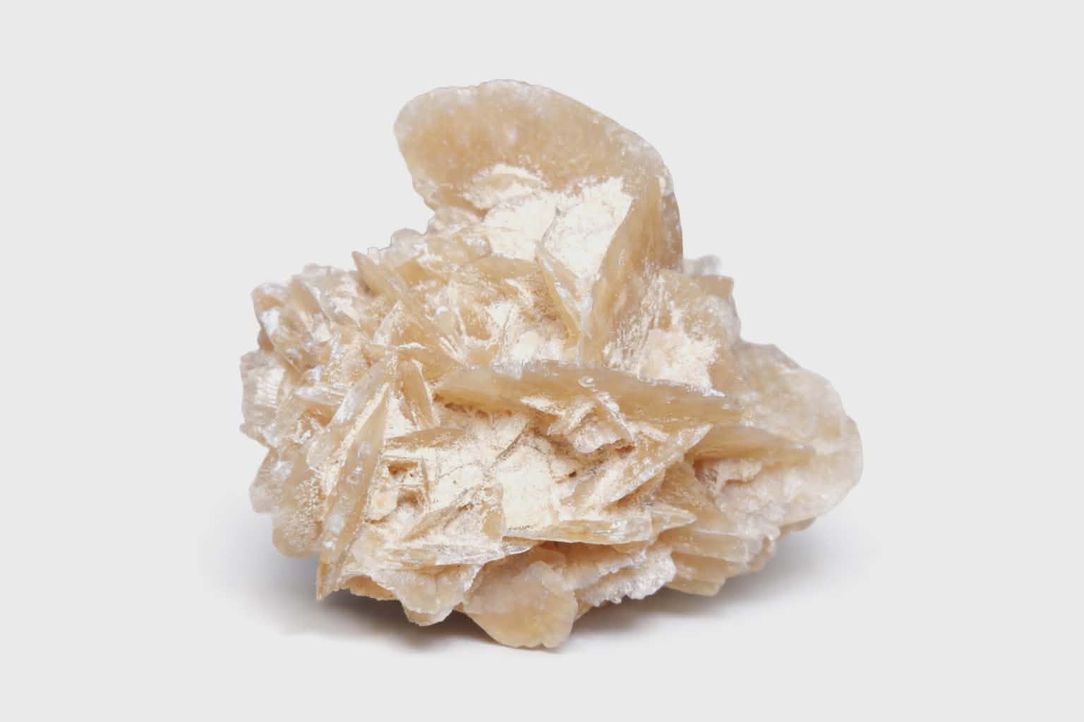 Rose des sables beige (gypse) sur fond blanc, formation cristalline en pétales, ombre douce; symbolique : ancrage, stabilité, clarté.