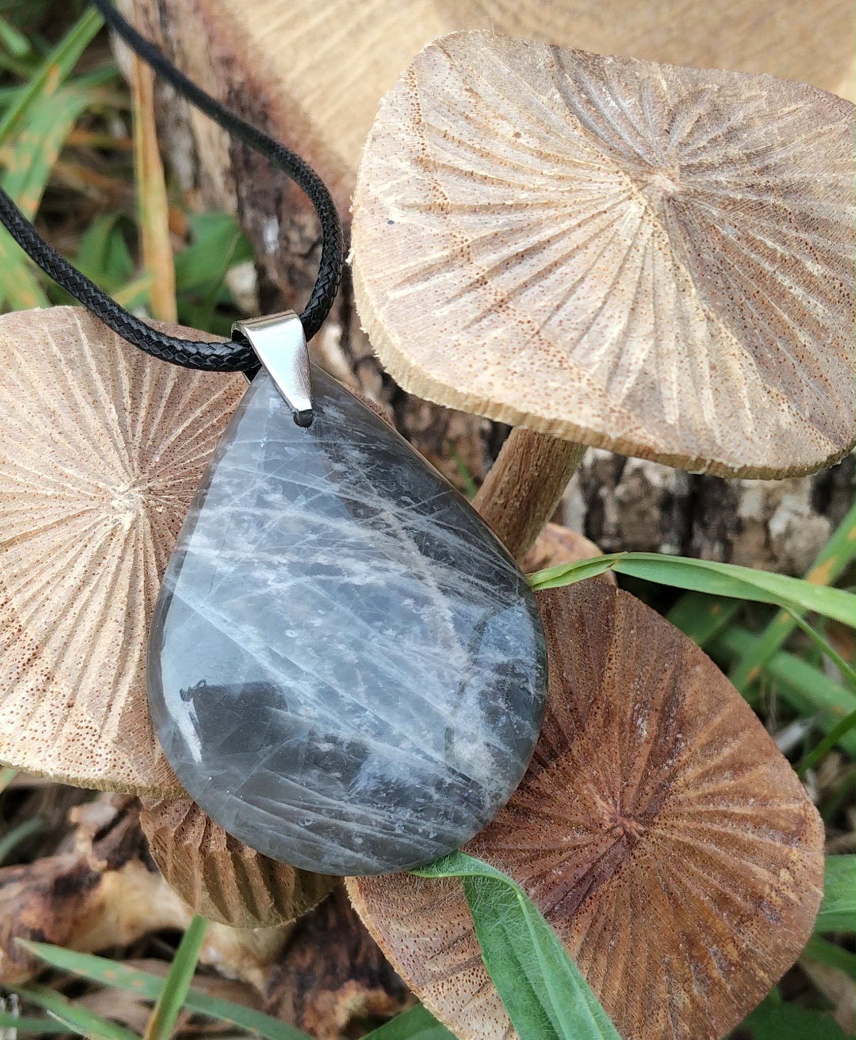 Pendentif goutte en pierre de lune noire polie sur cordon noir, photographié avec champignons décoratifs et feuillage en arrière-plan, bijou en pierre naturelle évoquant l’ancrage doux, le calme du cœur et la stabilité émotionnelle.