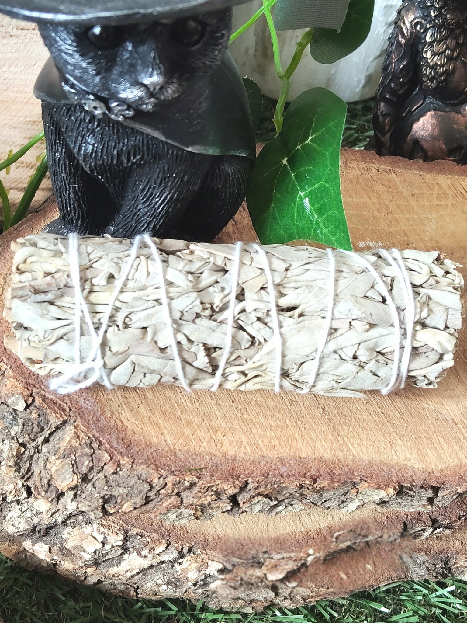 Bâton de sauge blanche à brûler (fumigation/smudge) ficelé, posé sur rondin de bois avec chaudron noir, feuilles vertes et décor ésotérique. Pour rituel, méditation, purification énergétique, nettoyage des lieux, protection, clarté et apaisement