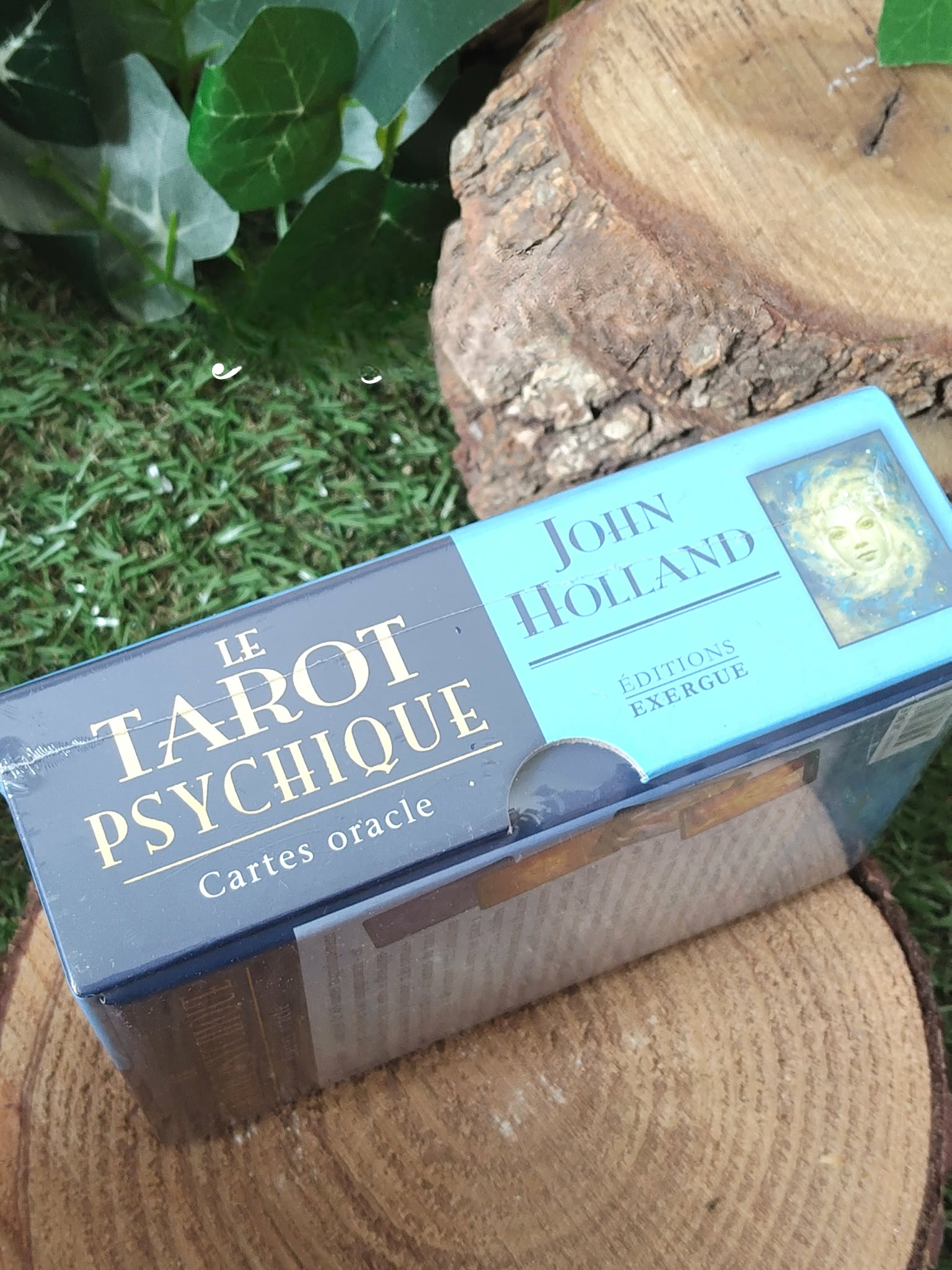 Coffret oracle « Le Tarot Psychique » de John Holland, boîte bleue vue de côté sur rondin de bois et mousse. Cartes, guidance, intuition.