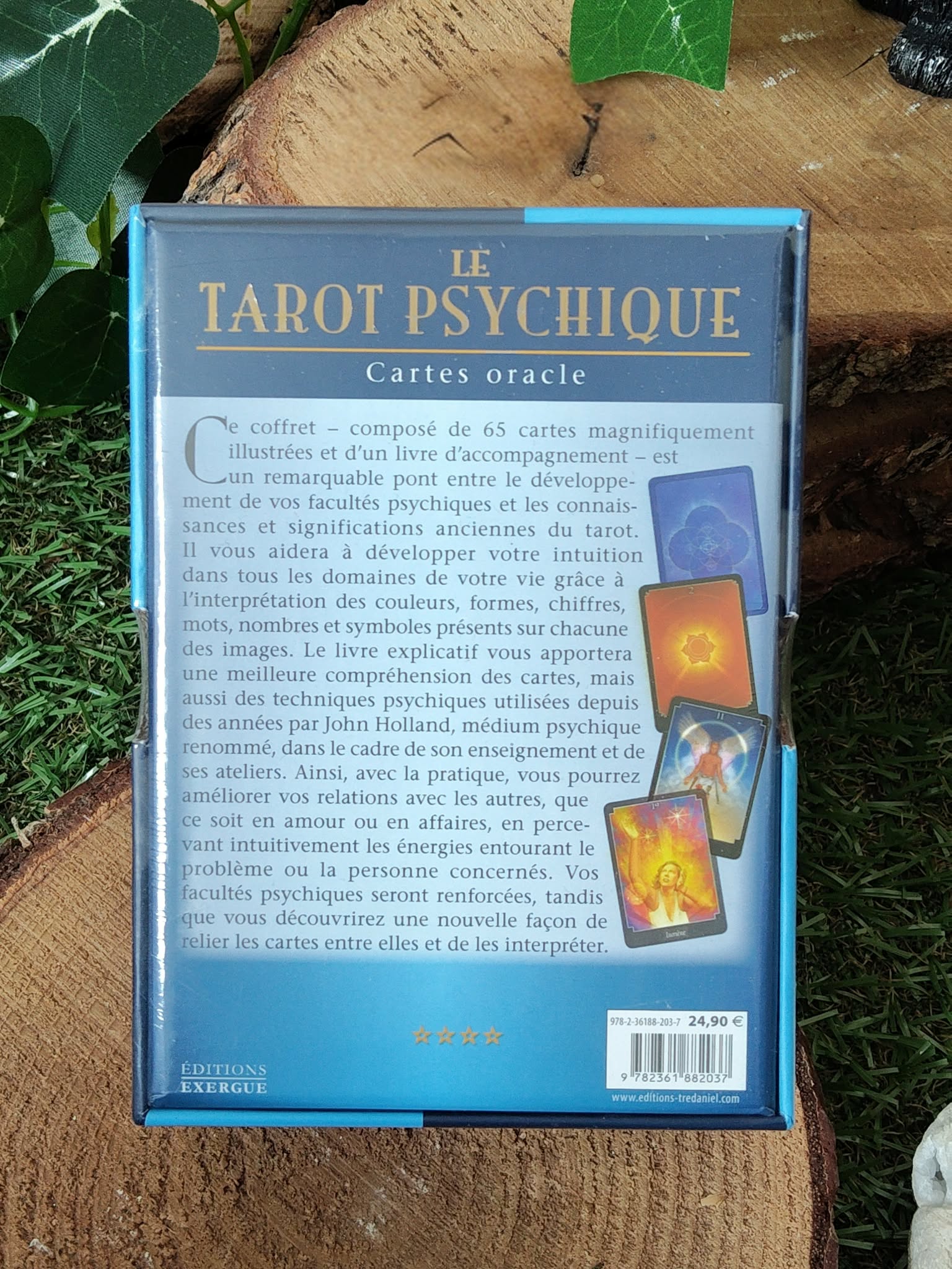 Dos du coffret « Le Tarot Psychique » (John Holland) : résumé au dos, visuel de cartes, boîte bleue posée sur rondin de bois