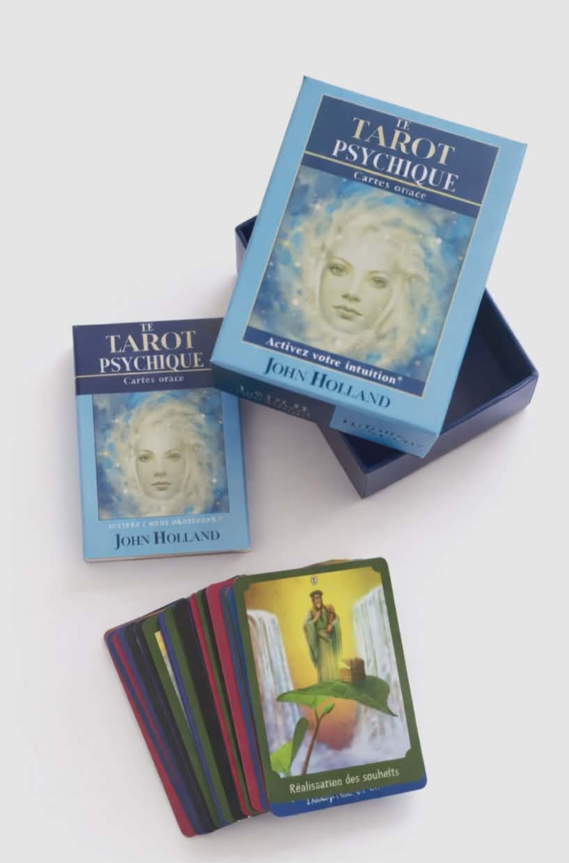 Tarot psychique en coffret bleu, cartes illustrées et livret sur fond blanc, tirage intuitif, guidance, clarté, confiance en soi, recentrage et protection énergétique.