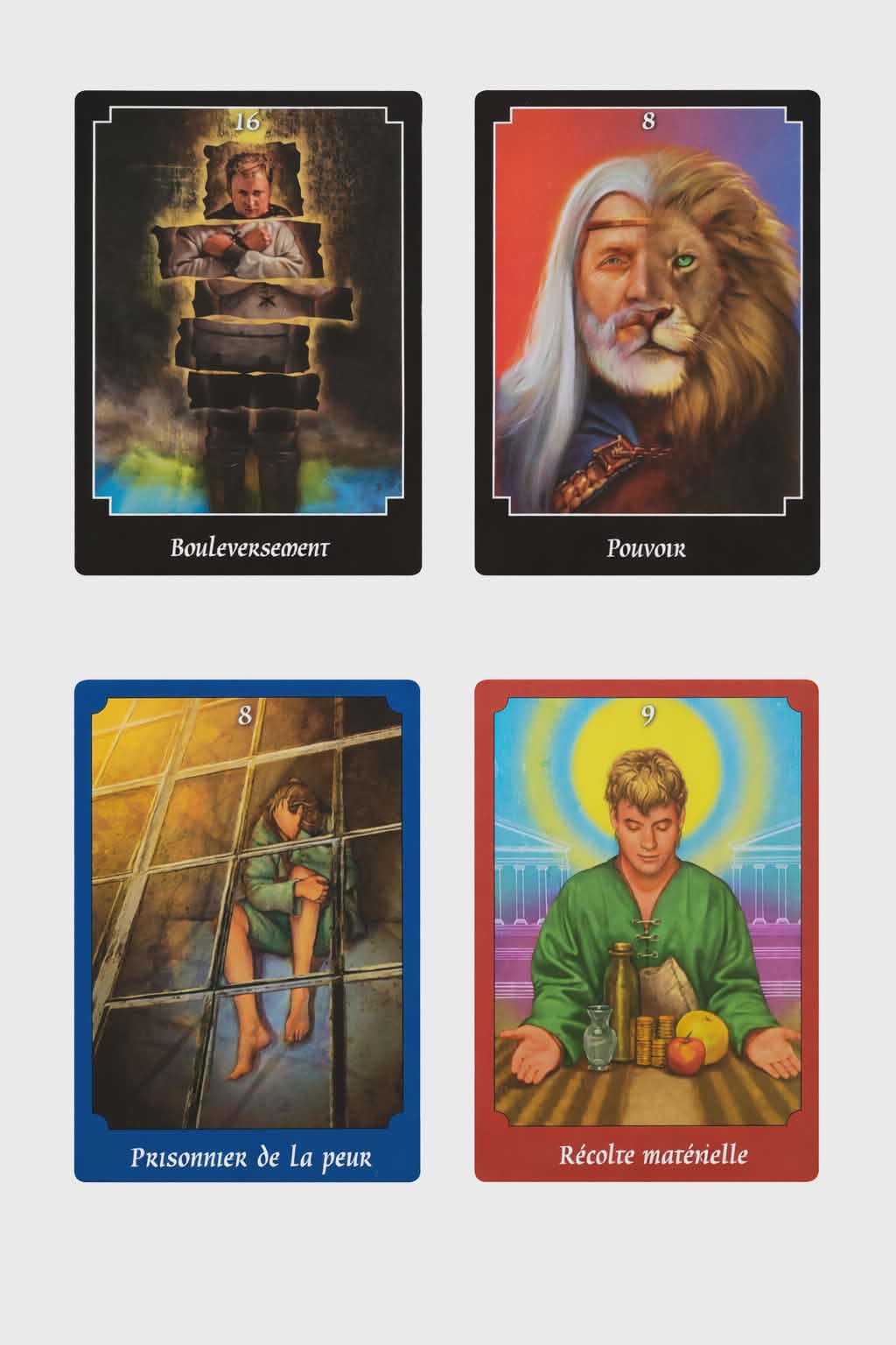 Tarot psychique : 4 cartes illustrées (personnages, couleurs contrastées) en aperçu sur écran, ambiance ésotérique, pour guidance, intuition, clarté mentale, confiance en soi et protection énergétique.
