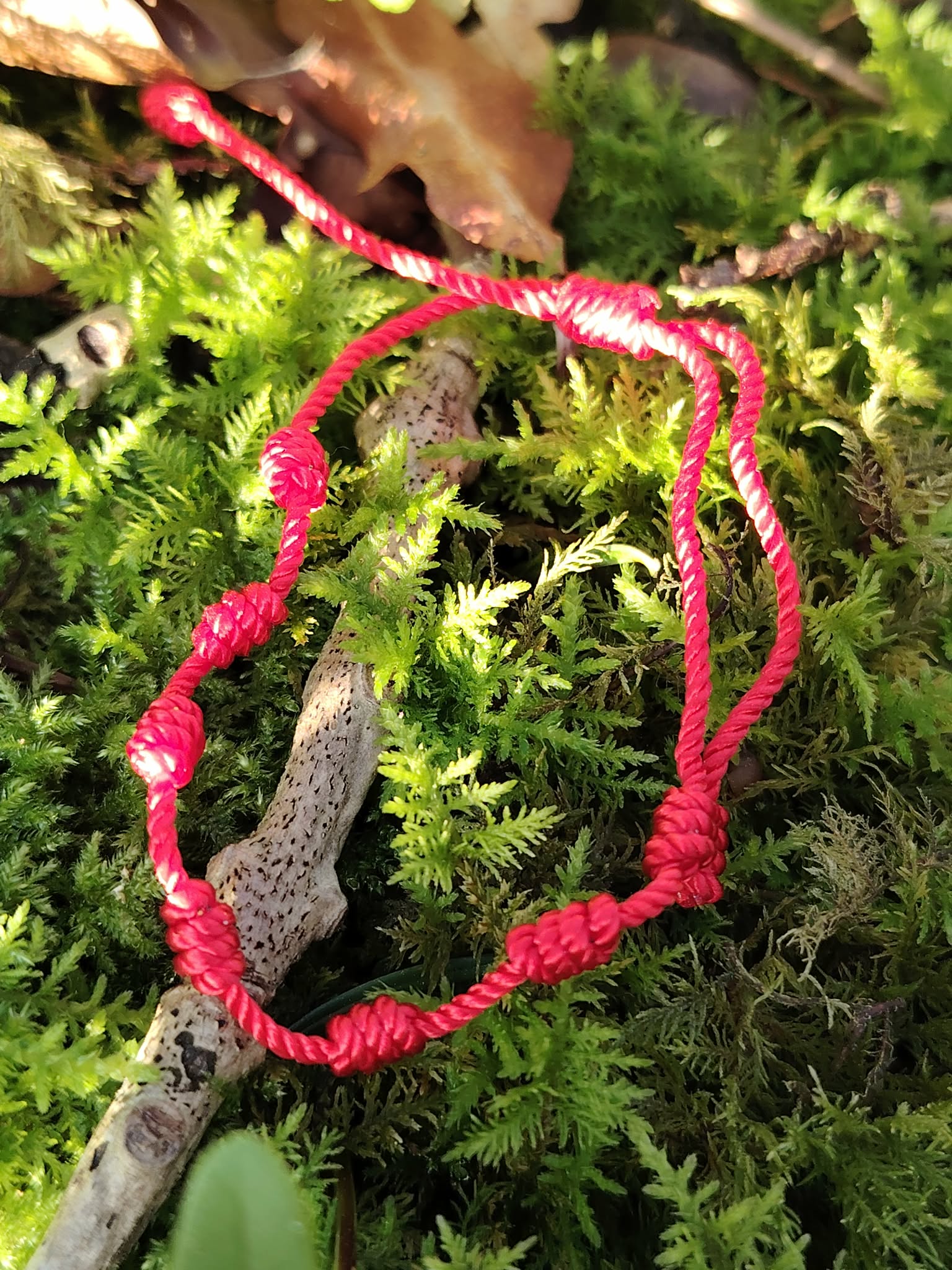 Bracelet rouge 7 nœuds sur mousse et brindilles, bijou rituel pour vitalité, élan intérieur et protection