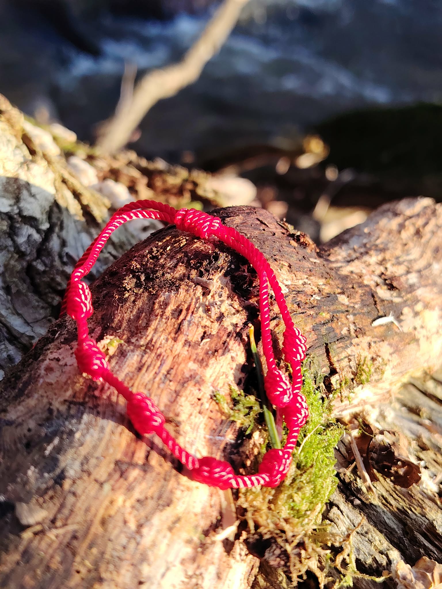 Bracelet rouge 7 nœuds sur bois texturé et mousse, talisman rouge pour détermination, recentrage et confiance
