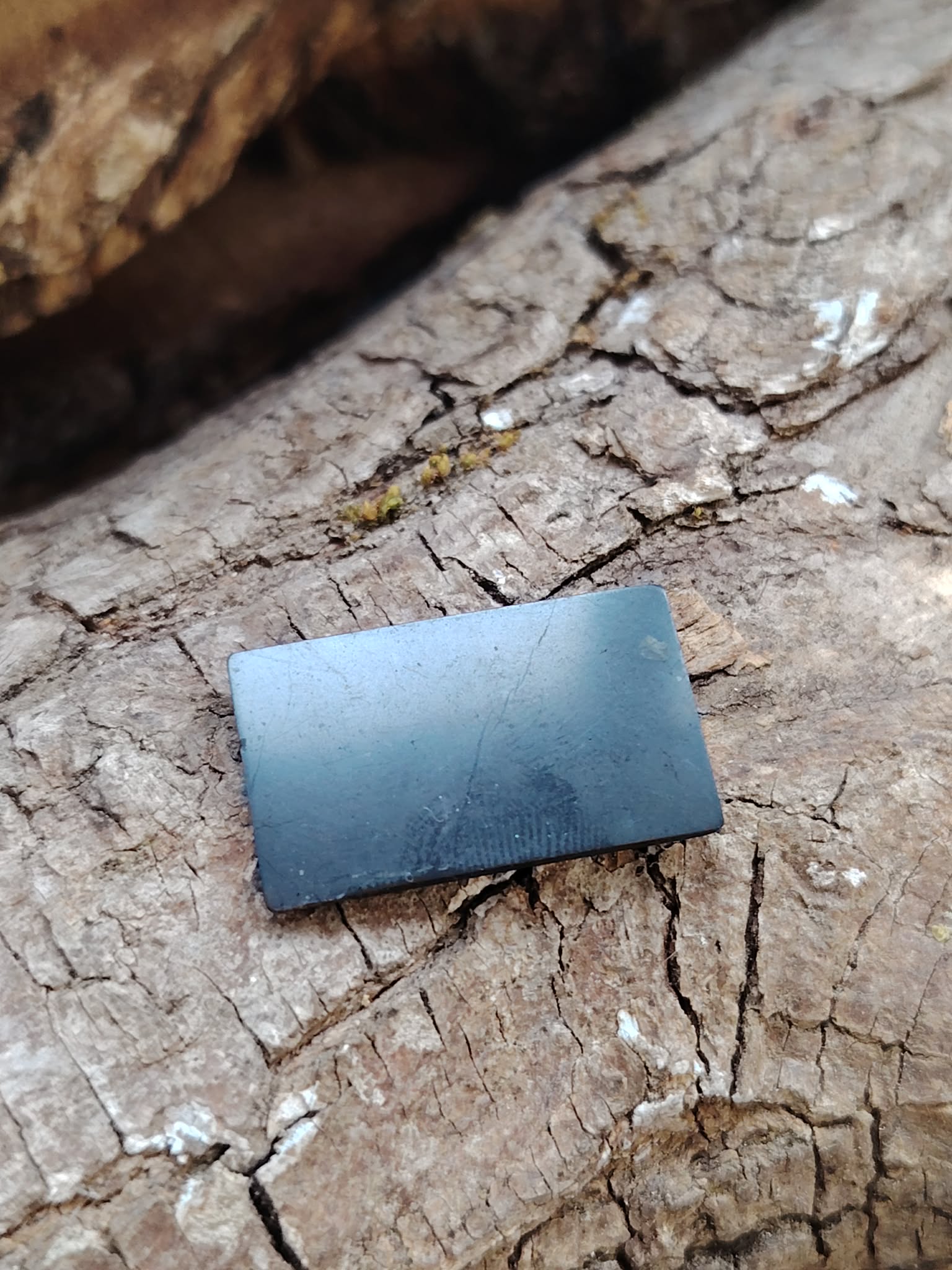 Plaque de shungite adhésive pour téléphone (anti-ondes) posée sur écorce de bois, photo produit Magic Gaïa, vertus variées : protection énergétique, ancrage, apaisement, équilibre