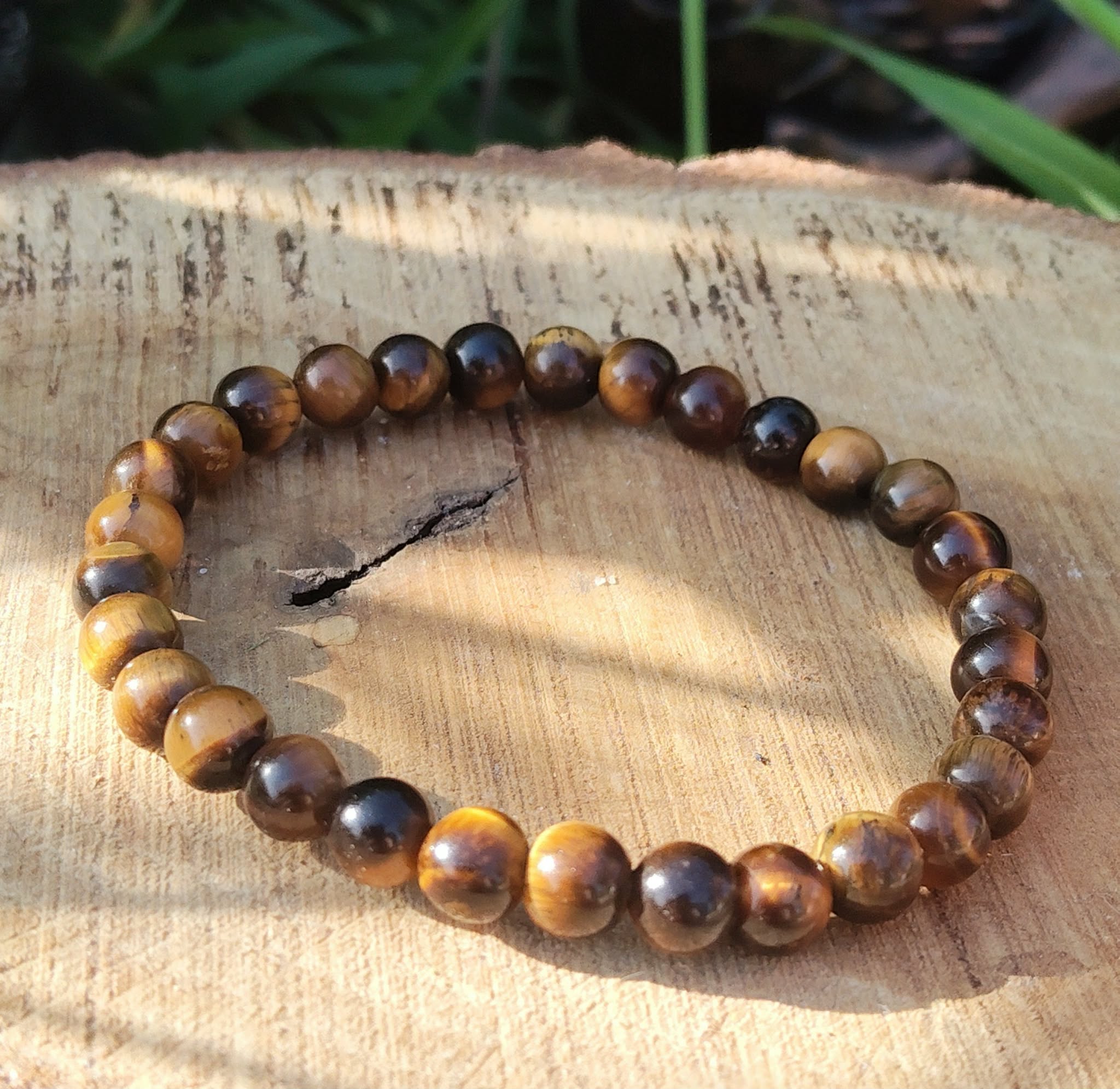 Bracelet Œil de Tigre 6 mm sur élastique, perles brun doré sur rondin de bois en décor naturel, discernement et assurance.