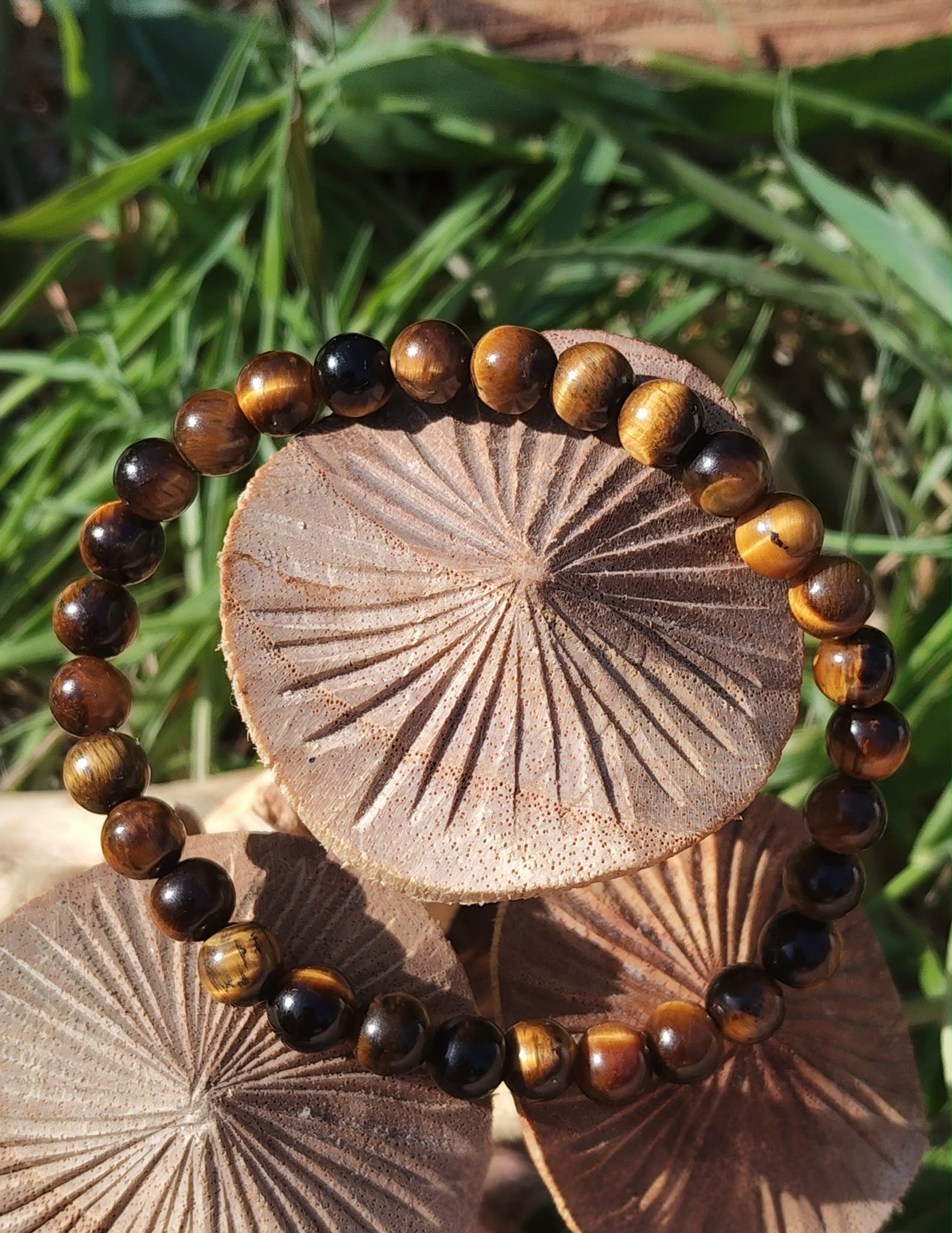 Bracelet Œil de Tigre 6 mm sur élastique, perles brun doré, décor champignons et végétation, courage calme et persévérance.