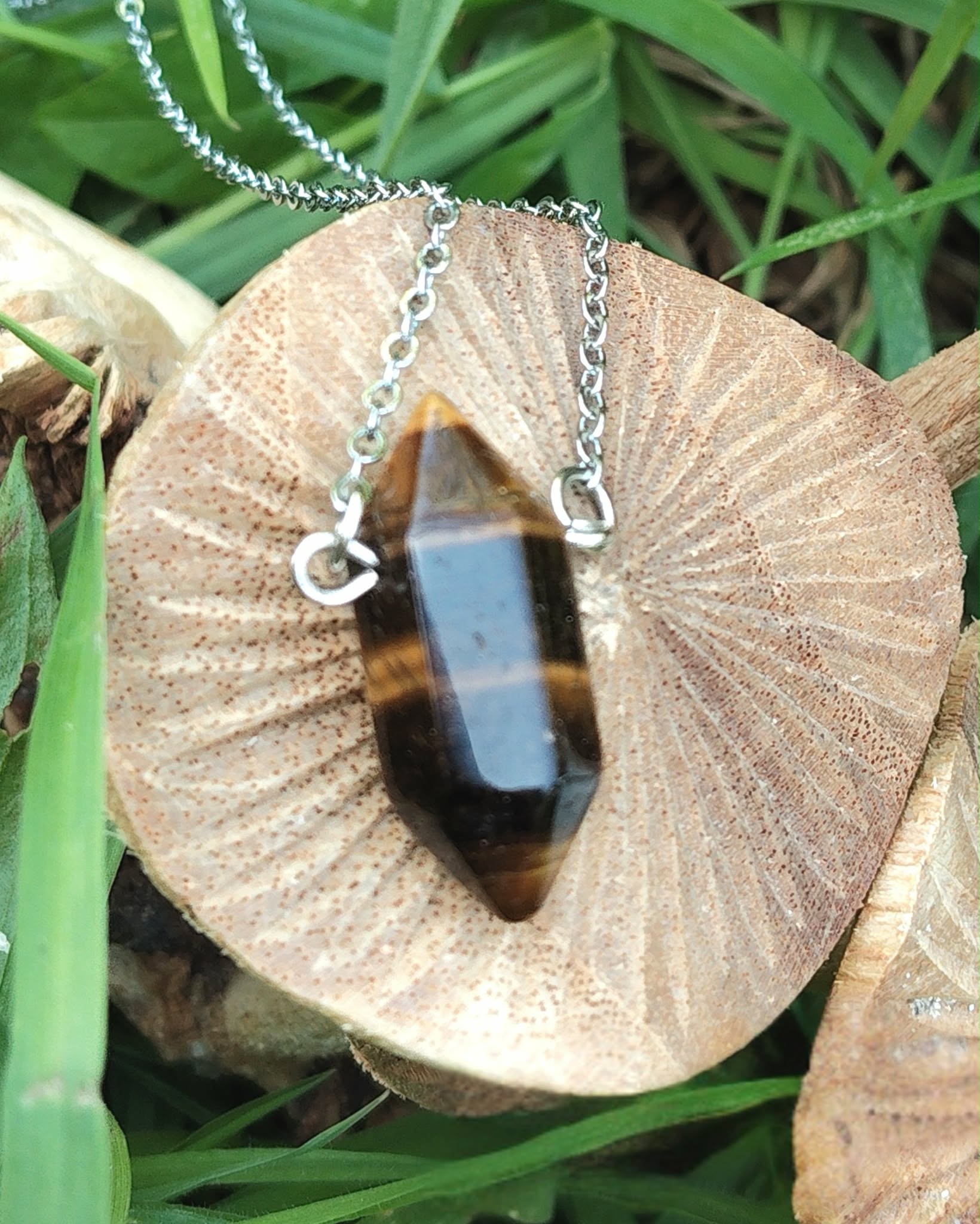 Pendentif pointe œil de tigre sur chaîne en acier inoxydable, posé sur rondelle de bois avec herbes, bijou en pierre naturelle associé à l’ancrage, à l’assurance et à la stabilité intérieure.