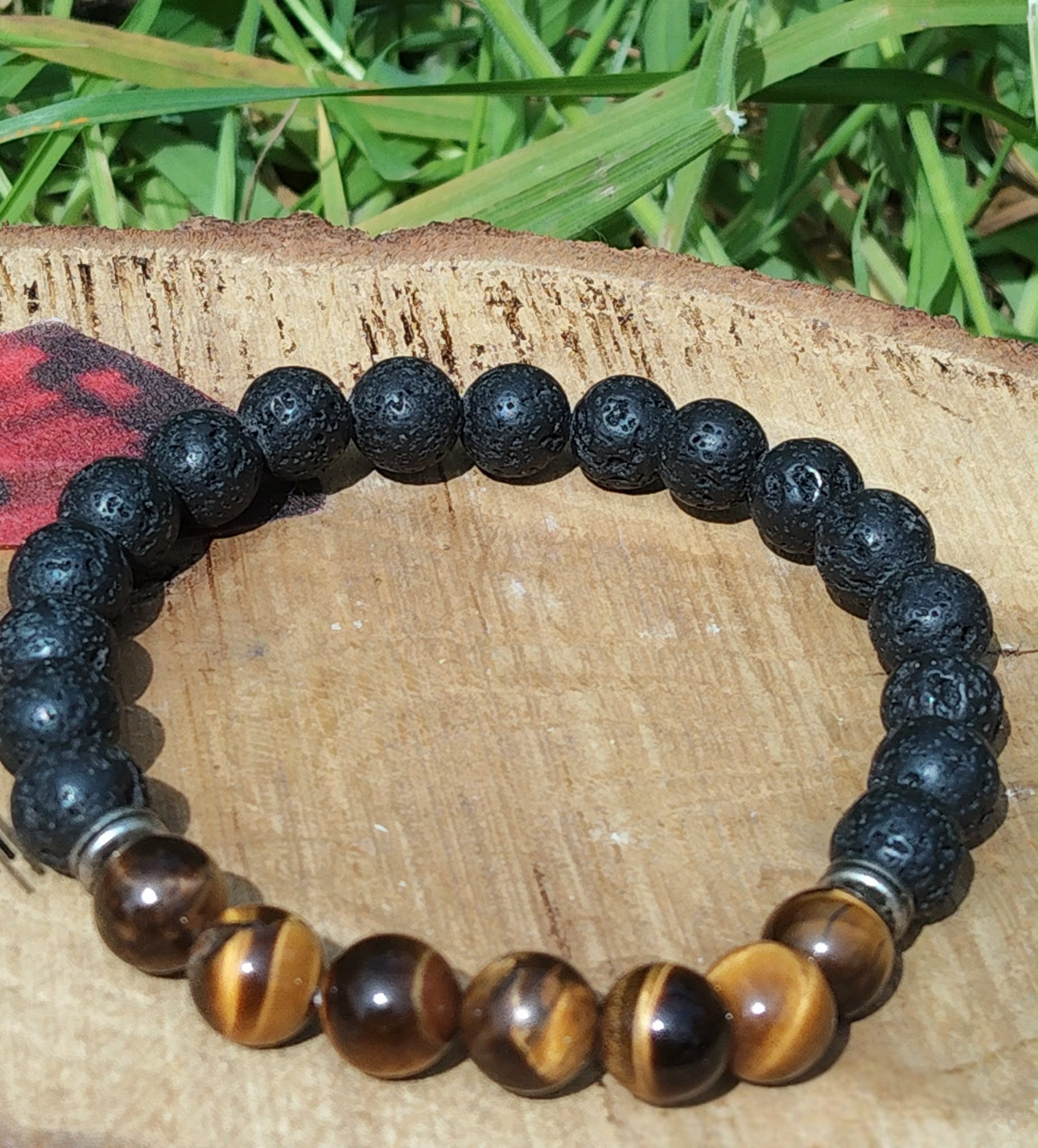 Bracelet œil de tigre et pierre de lave 8 mm sur élastique, tranche de bois en extérieur, bouclier, confiance, détermination
