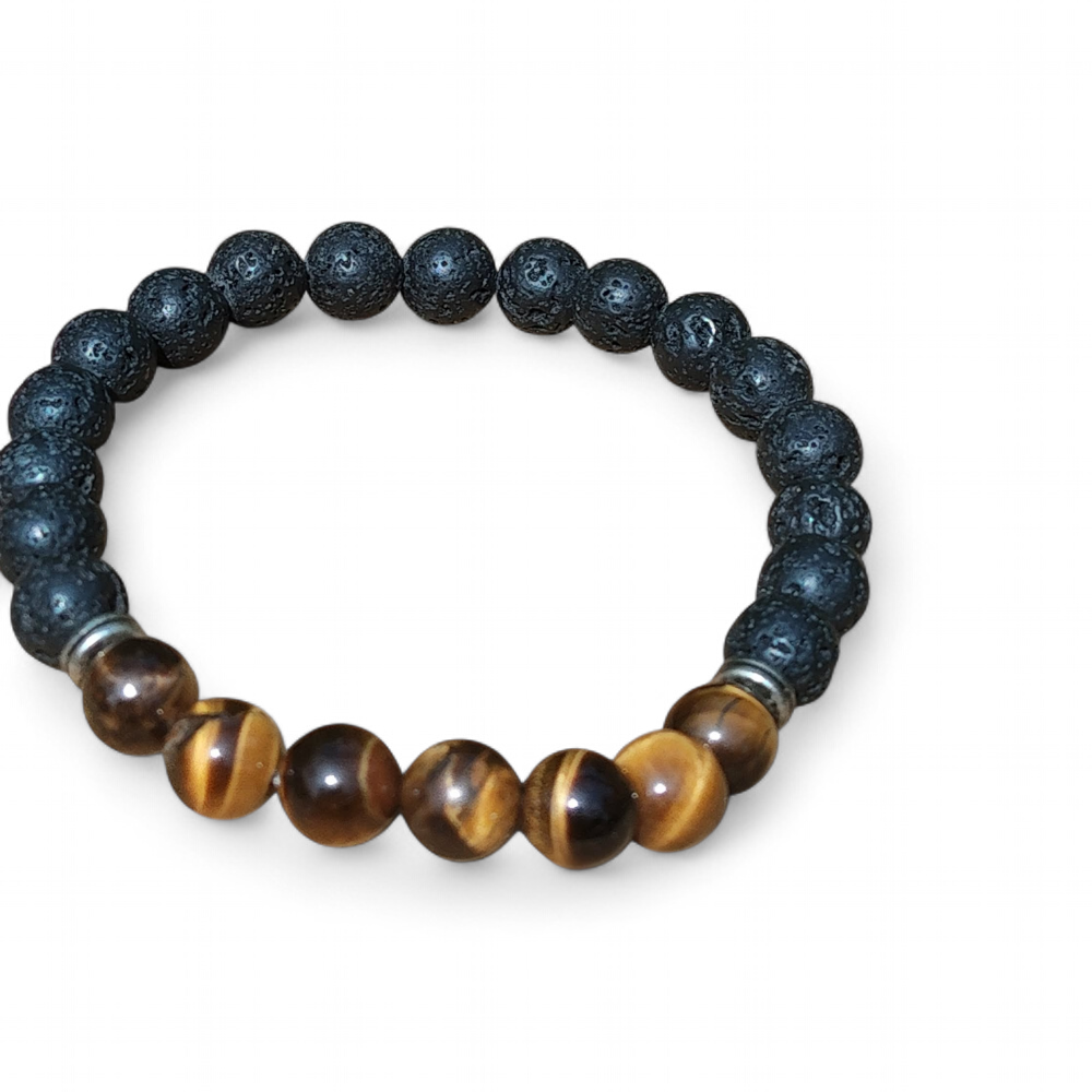 Bracelet œil de tigre et pierre de lave 8 mm sur élastique, fond blanc, stabilité, lucidité, force calme