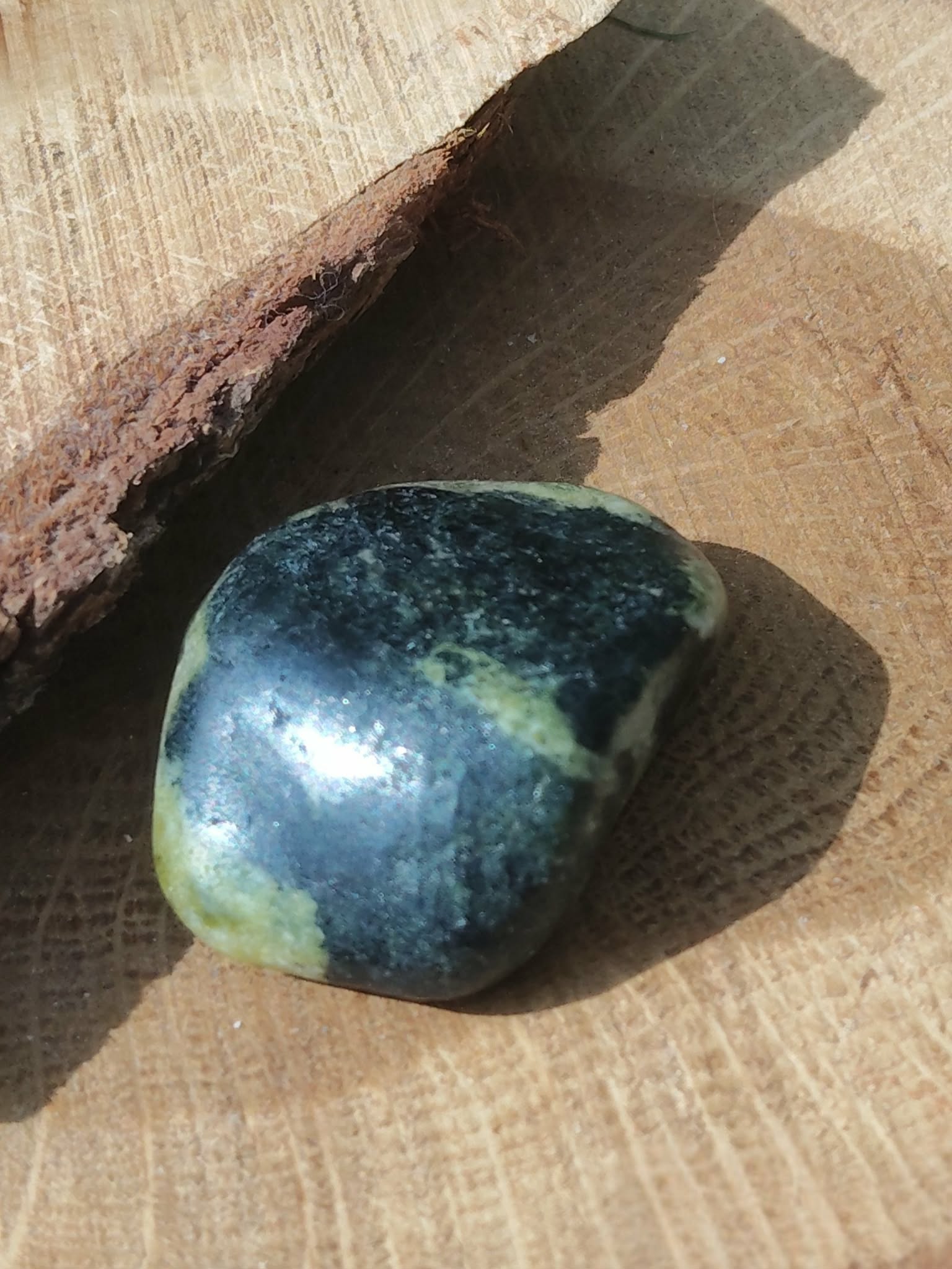 Pierre roulée de serpentine vert olive, marbrures sombres, posée sur tranche de bois clair, ombre douce; invite à l’apaisement, à l’ancrage et à l’équilibre émotionnel.