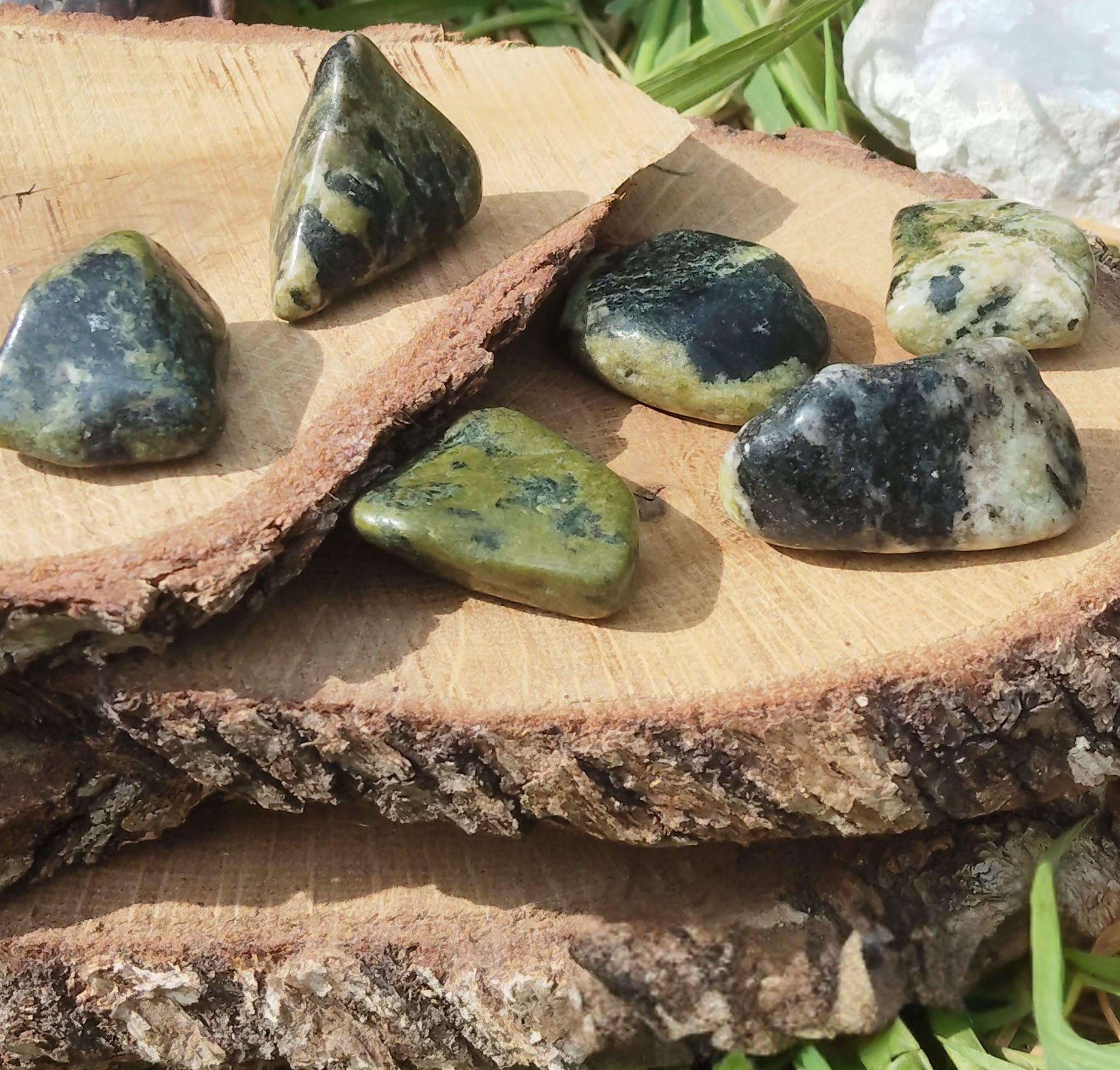 Pierres roulées de serpentine vert olive, posées sur une tranche de bois clair en décor naturel, lumière douce et chaleureuse; pierre associée à l’apaisement, à l’ancrage et à l’équilibre émotionnel.