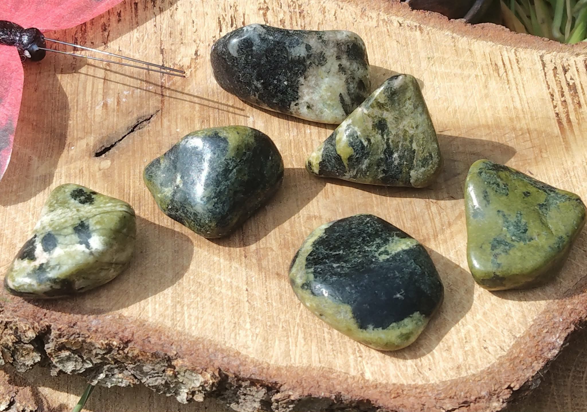 Pierres roulées de serpentine vert olive aux marbrures sombres, disposées sur des tranches de bois brut en décor nature avec feuillage en arrière-plan, lumière douce; pierre associée à l’apaisement, à l’ancrage et au lâcher-prise émotionnel.