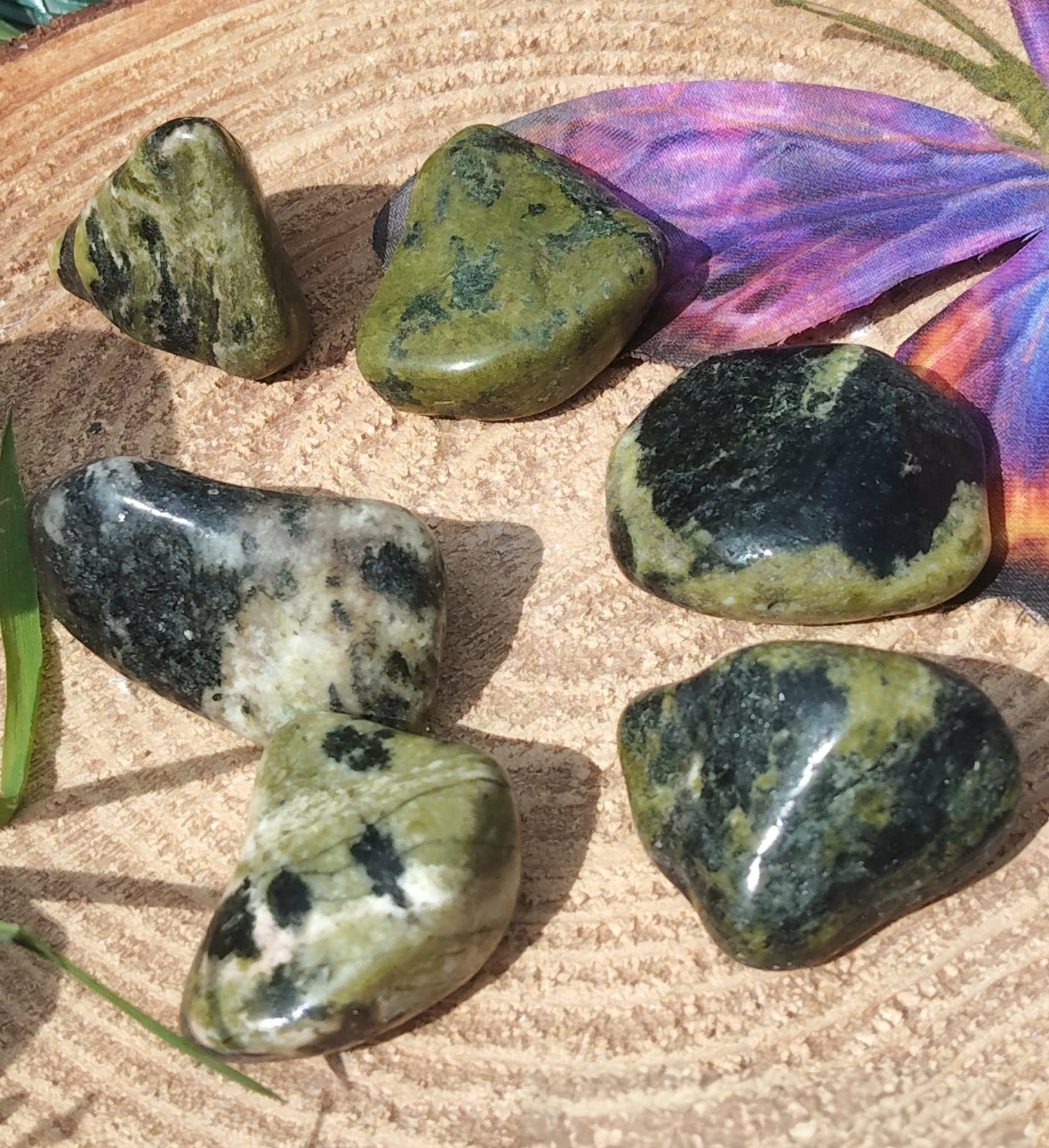 Pierres roulées de serpentine vert olive sur tranche de bois clair, avec plume violette; pierre associée à l’apaisement, à l’ancrage et à l’équilibre émotionnel.