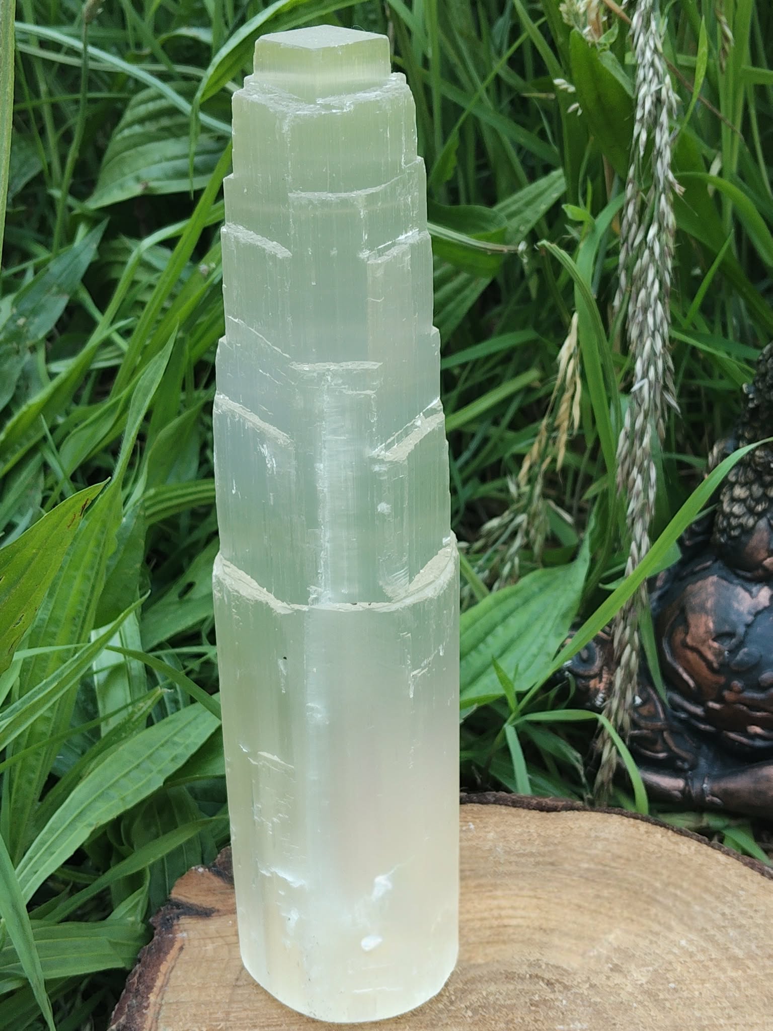 Tour en sélénite polie, reflets doux, posée sur une tranche de bois, arrière-plan de plantes, pour une énergie légère, calme intérieur et détente.