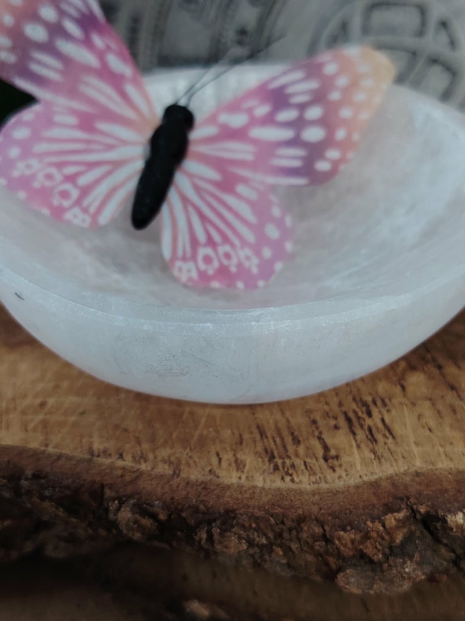 Bol en sélénite 10 cm posé sur une table en bois, décoré d’un papillon rose, lumière douce, idéal pour purifier l’ambiance et apaiser l’esprit.