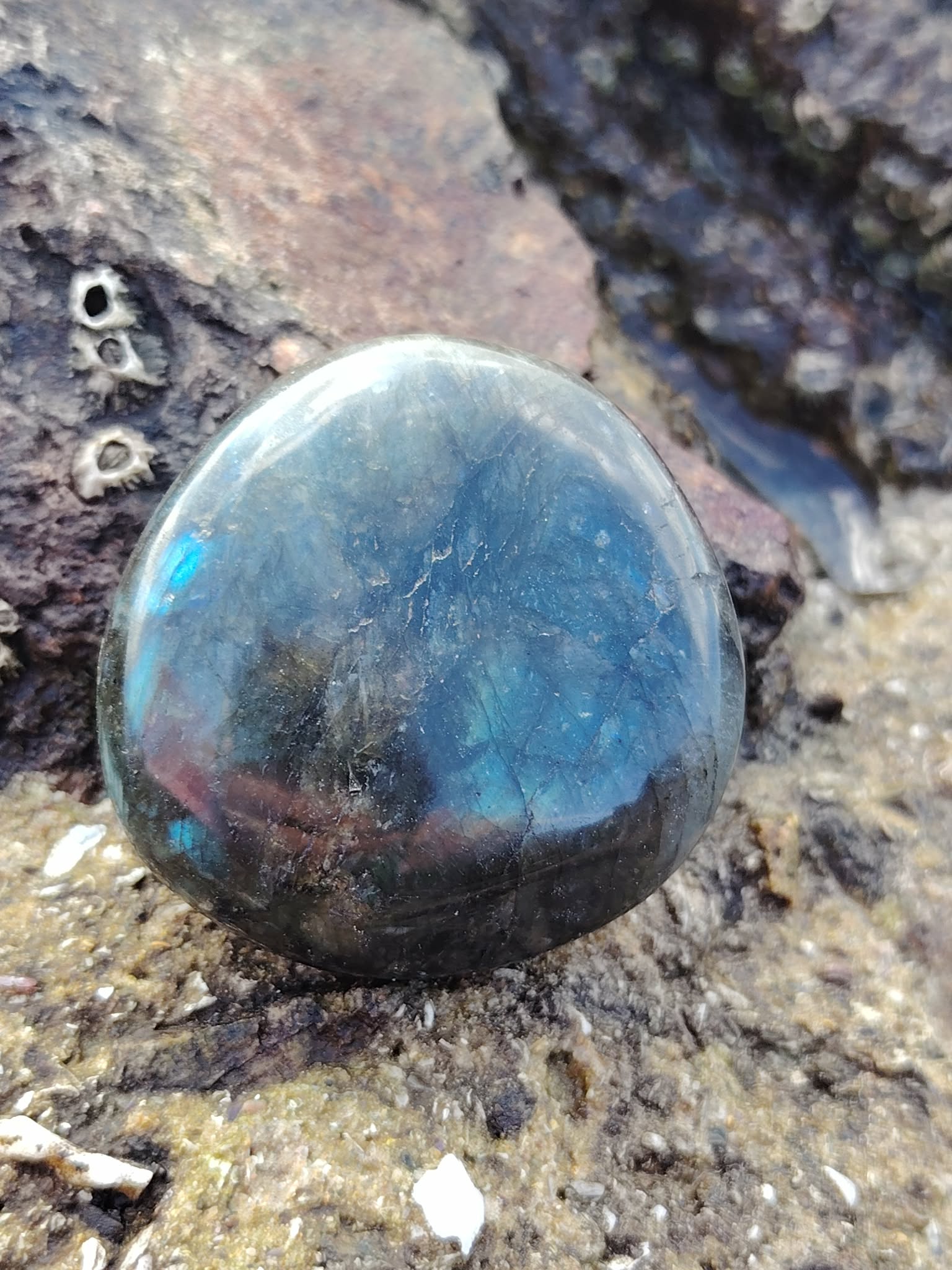 Galet de labradorite aux reflets bleus posé sur rochers et sable en Bretagne, pierre naturelle associée à la stabilité, à la protection douce et à la présence à soi.
