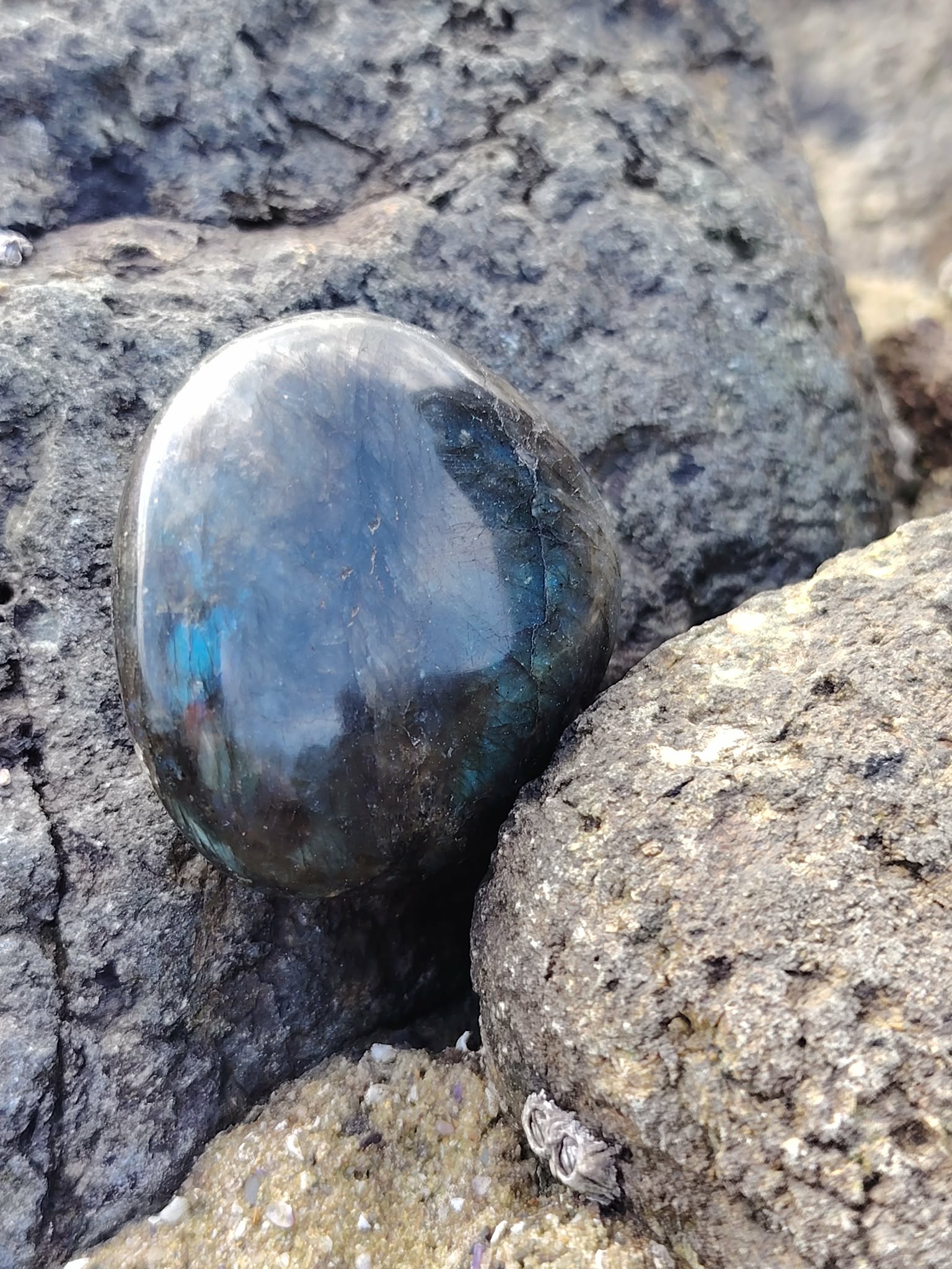 Galet de labradorite aux reflets bleu pétrole calé entre rochers de granit en Bretagne, pierre naturelle évoquant la profondeur intérieure, l’intuition et la stabilité émotionnelle.