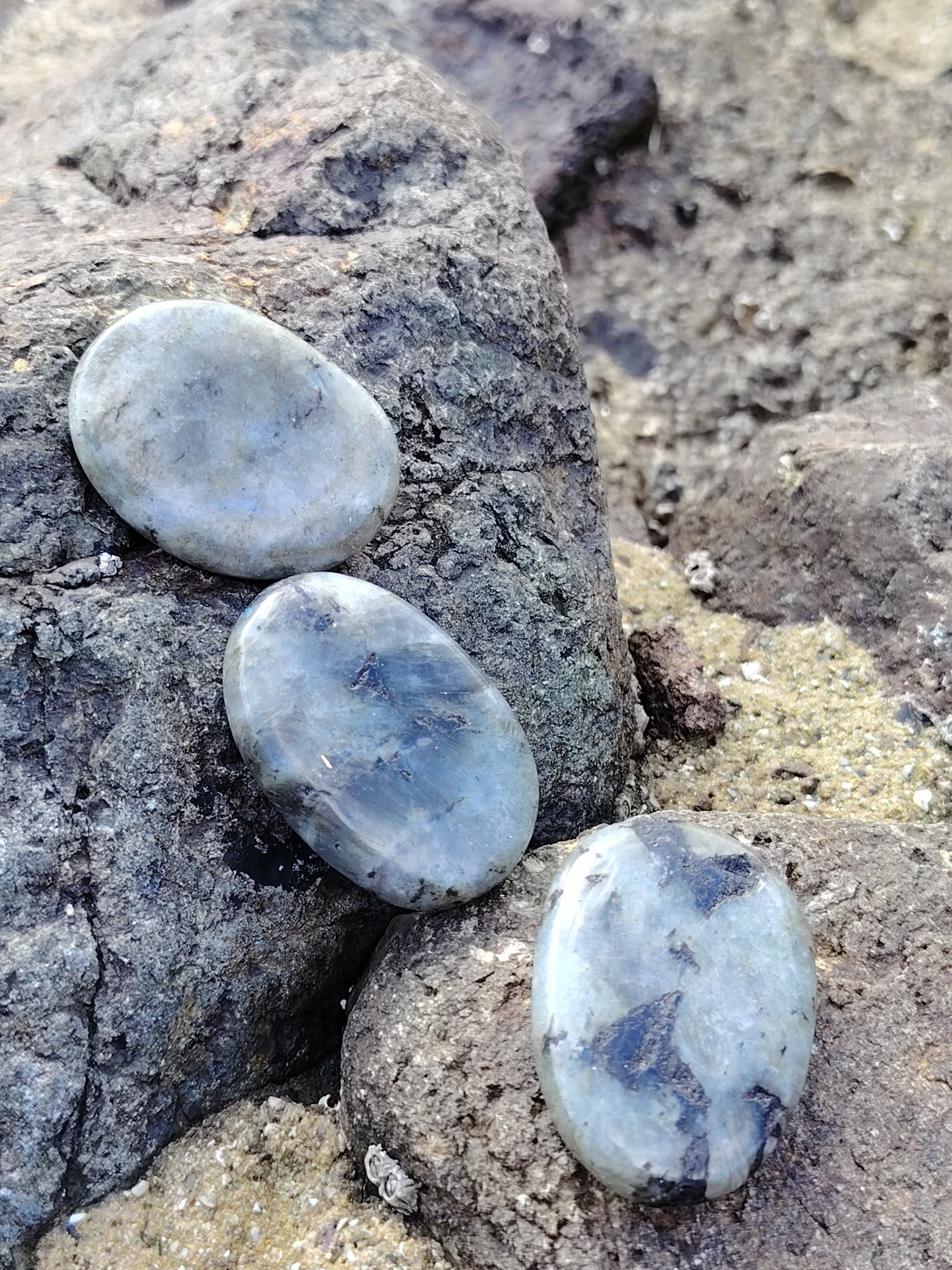 Trois galets de labradorite grise aux reflets bleus posés sur rochers bretons, pierres naturelles évoquant l’ancrage, la clarté d’esprit et l’équilibre intérieur.