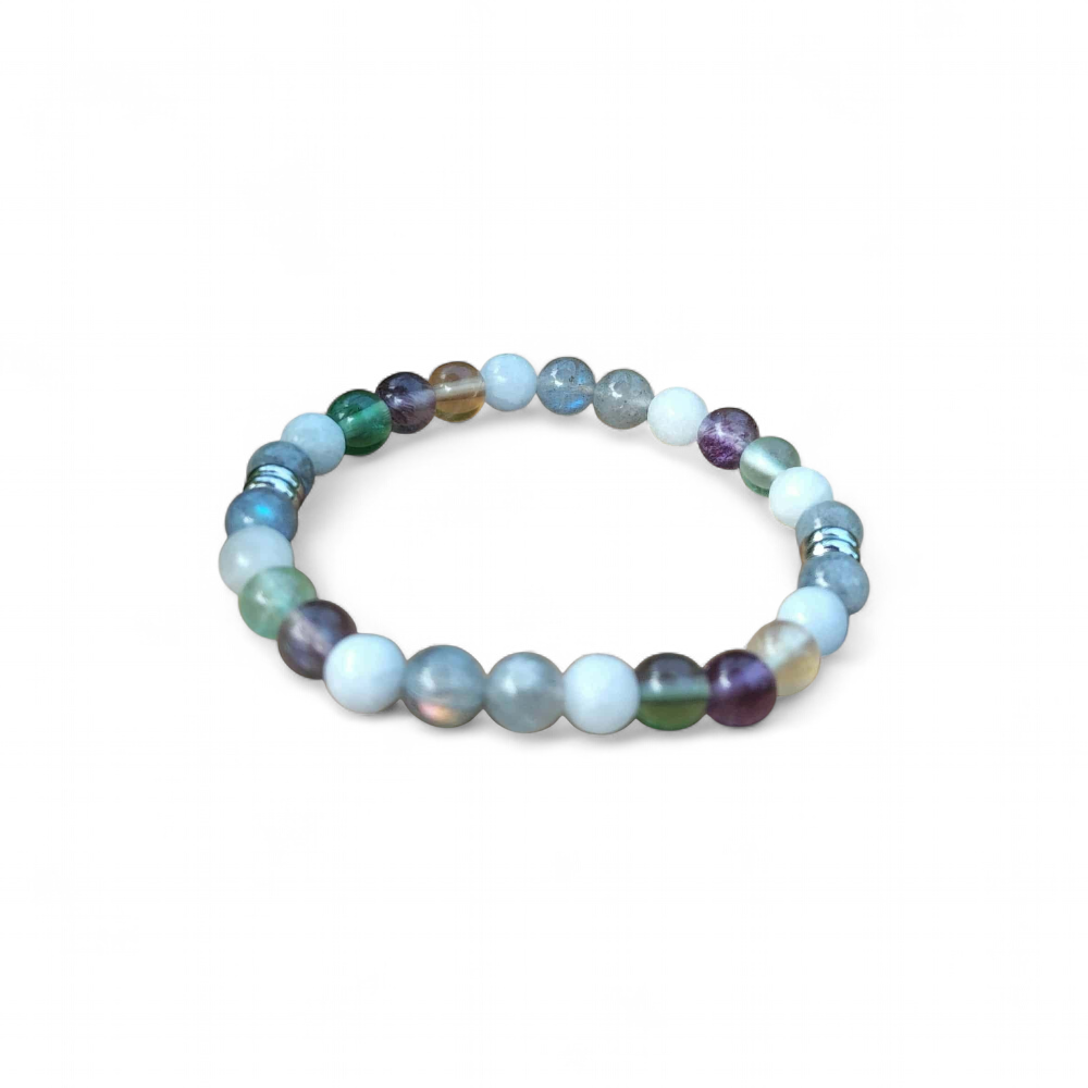 Création Magic Gaïa Énergie lunaire sur fond blanc, bracelet pierres naturelles Labradorite, Fluorite et Célestine pour calme intérieur