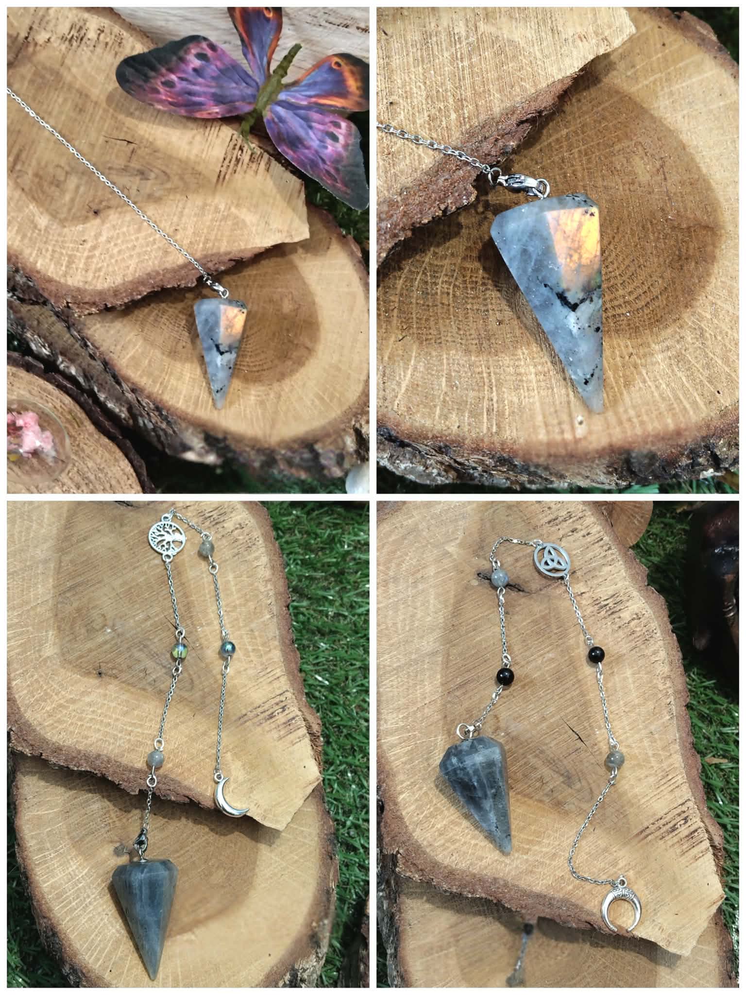 Montage de 4 photos d’un pendule conique en labradorite irisée posé sur une tranche de bois, près d’un papillon et de mousse, pour se recentrer et écouter son intuition. (