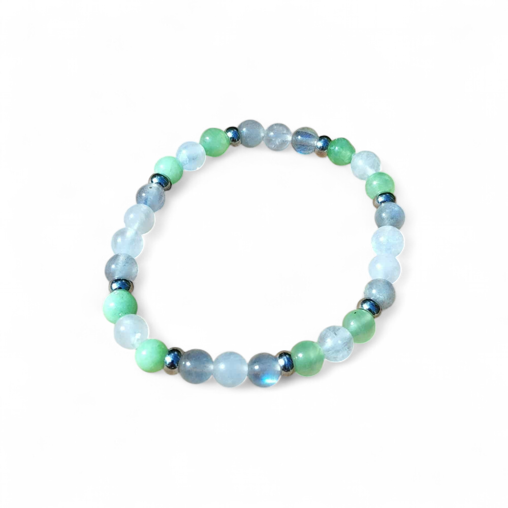 Bracelet endométriose création Magic Gaïa avec ou sans breloques, jade vert, péristérite et labradorite pour apaisement, confort émotionnel et douceur féminine