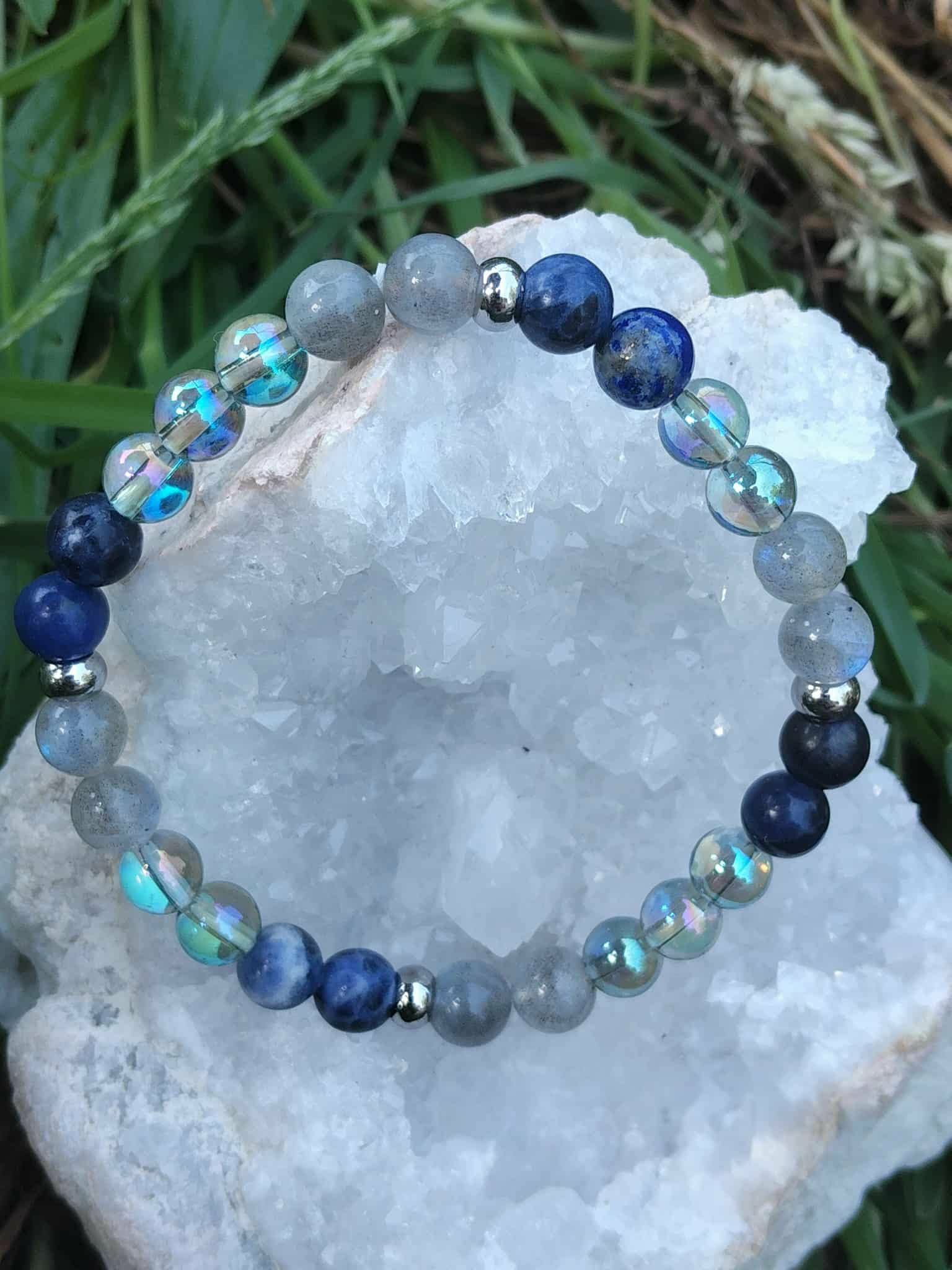 Bracelet Intuition 6 mm en labradorite, aqua aura et sodalite, perles bleutées pour finesse perceptive et mental plus posé
