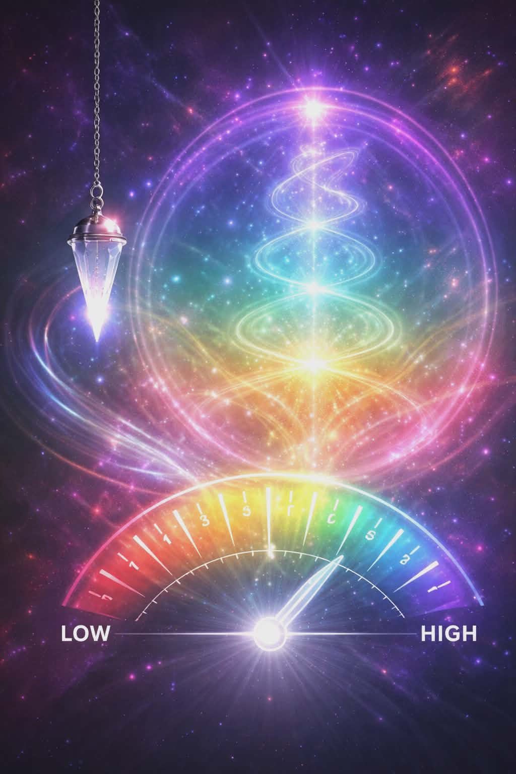 Pendule en quartz suspendu sur fond galaxie violette, halo arc-en-ciel et jauge de fréquence lumineuse, évoquant une lecture du taux vibratoire pour clarté et recentrage, sans promesse.