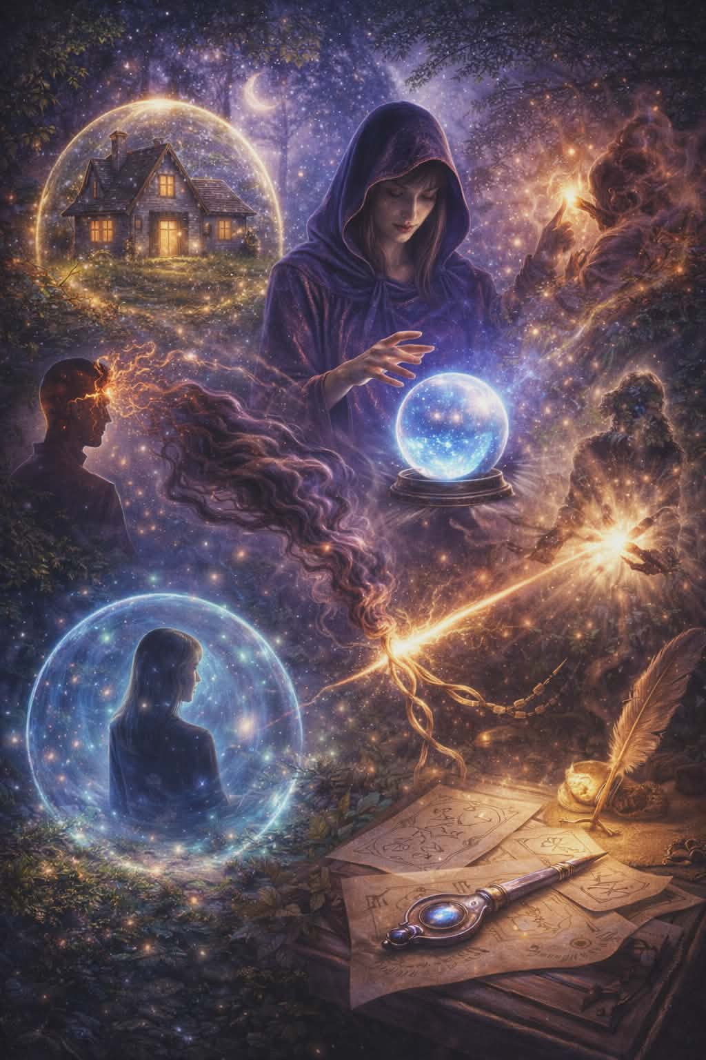 Forêt nocturne : praticienne à capuche, boule lumineuse, maison protégée, liens coupés, sigils et pendule, pour apaiser et se recentrer, sans promesse.