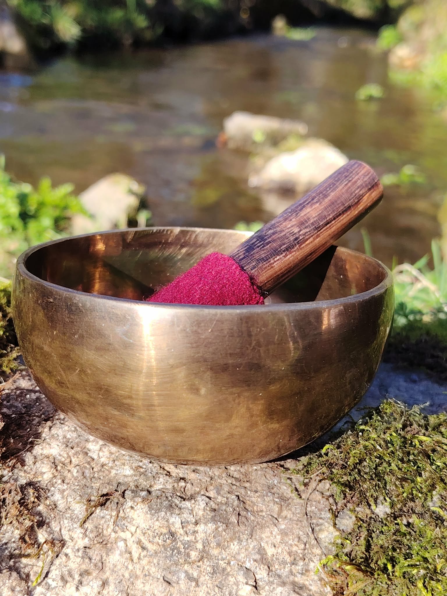 bol tibetain dore pose sur un rocher moussu en bretagne au bord d un ruisseau maillet en bois au feutre rouge pour apaiser s ancrer et clarifier l esprit