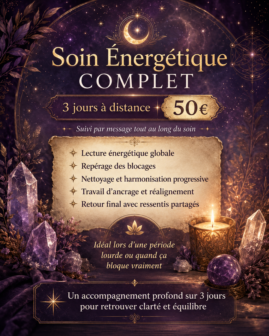 visuel soin energetique complet soin a distance sur 3 jours a 50 euro avec cristaux bougie et decor cosmique violet pour clarte et equilibre