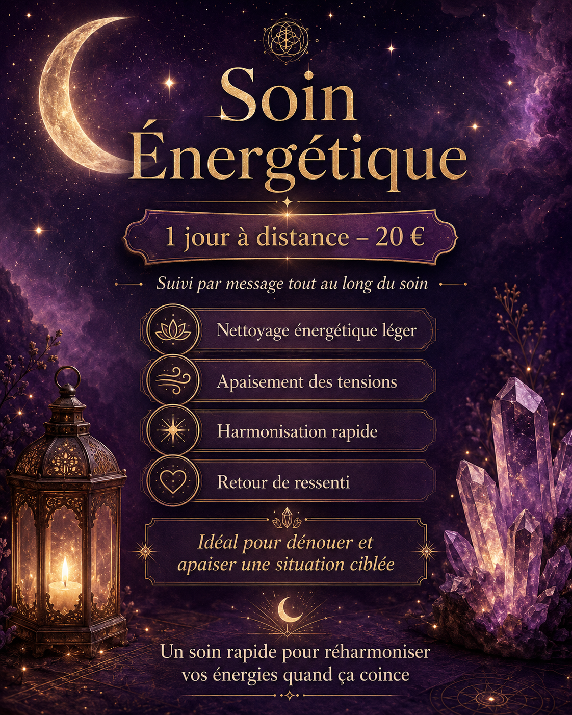 visuel soin energetique 1 jour a distance a 20 euro avec lanterne lune amethystes et ambiance violette pour apaisement et harmonisation