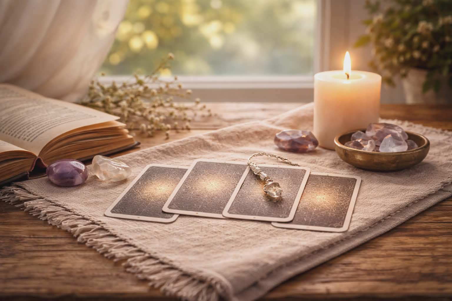 carte de tarot posee sur tissu beige avec pendule en cristal bougie allumee et pierres naturelles pres d un livre ouvert lumiere douce de fenetre ambiance calme et intime propice a la reflexion