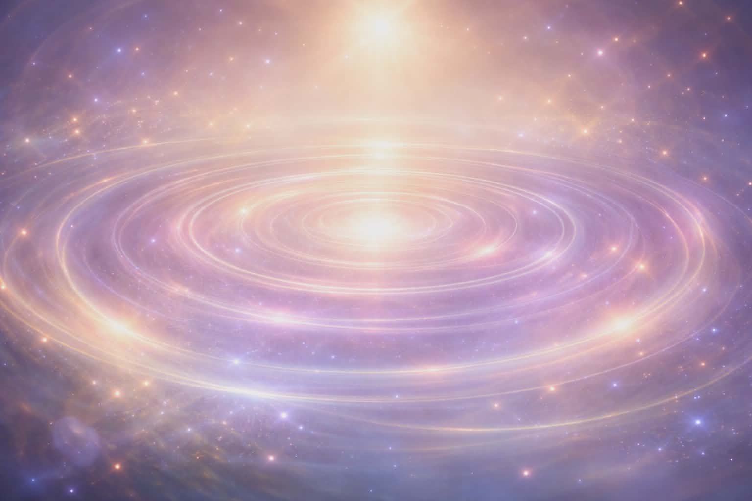 cercles lumineux concentriques violet bleu et dore sur fond etoile brumeux ondes douces rayonnant depuis un centre lumineux evoquant vibrations et energie subtile