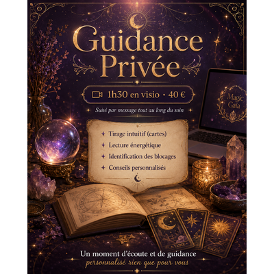 Visuel Guidance Privée avec grimoire ouvert, cartes de tarot, boule de cristal, bougie, améthystes et ambiance ésotérique violette et dorée.