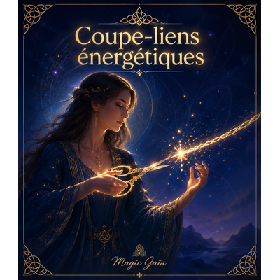Visuel coupe-liens énergétiques avec cordon lumineux et ambiance ésotérique indigo et dorée Magic Gaïa.