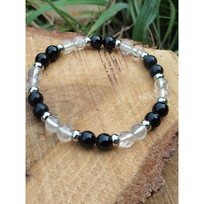 Bracelet énergie négative sur bois naturel, shungite, tourmaline noire et cristal de roche pour ancrage profond, purification et protection énergétique