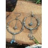 Créoles labradorite argentées posées sur tranche de bois, chaîne centrale et perles grises pour intuition et protection symbolique.