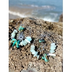 Boucles d’oreilles Ombre et Lumière, création Magic Gaïa, perles turquoise et blanches avec breloques, photographiées sur rocher en Bretagne face à la mer.