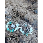 Boucles d’oreilles Ombre et Lumière, création Magic Gaïa, perles turquoise et blanches avec breloques, posées sur rocher breton, pour calme intérieur, confiance et protection douce.