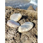 Trois galets de pierre de lune irisée posés sur un rocher face à la mer en Bretagne, reflets nacrés, pierres naturelles associées à la douceur, à l’écoute de soi et à la sérénité.