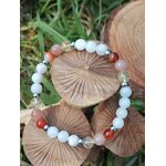 Bracelet PMA 6 mm sur champignons en bois avec feuillage vert, péristérite, pierre de soleil et cornaline pour optimisme, douceur et élan intérieur